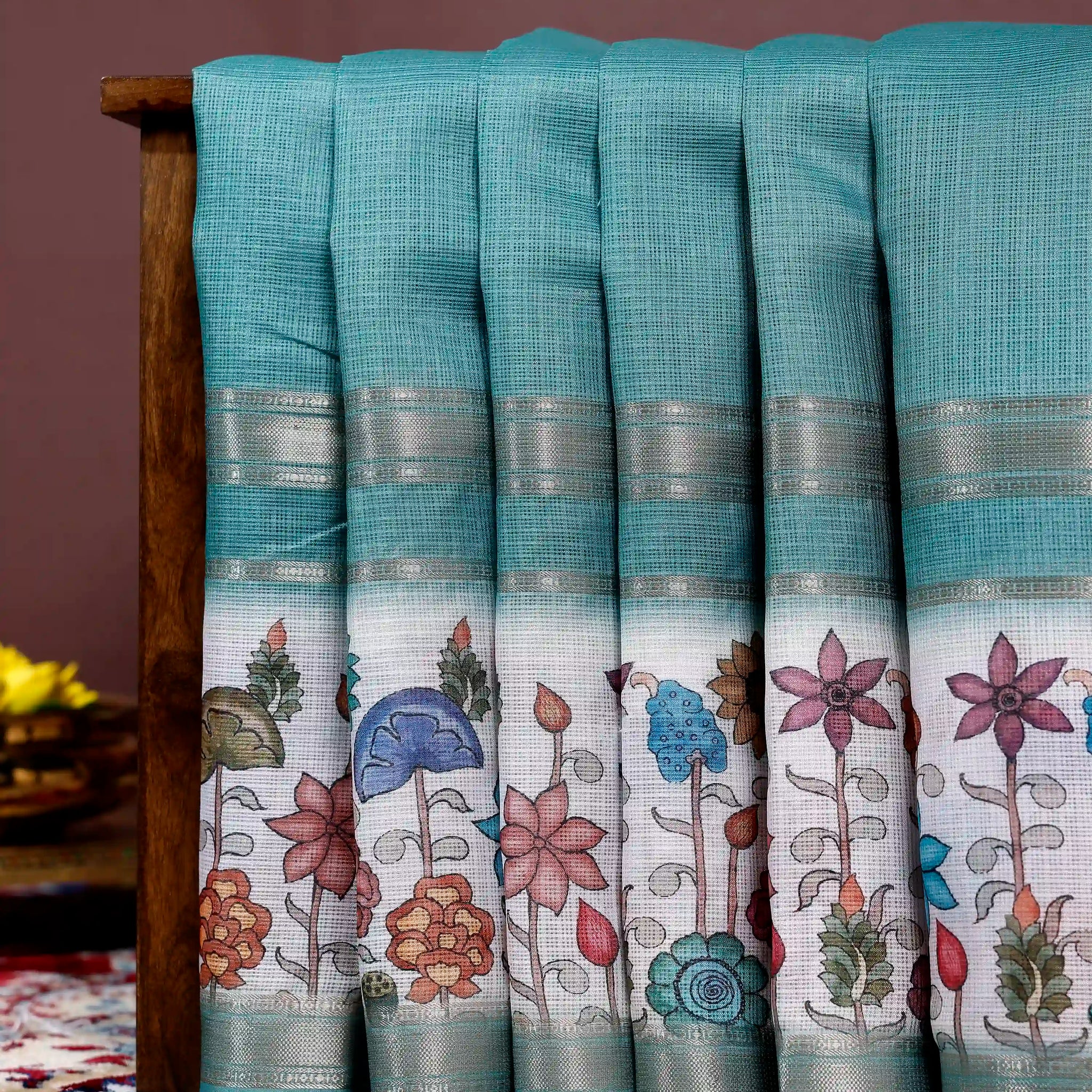 Hand-Painted Floral Kota Semi Tussar Saree with Zari Border - Green