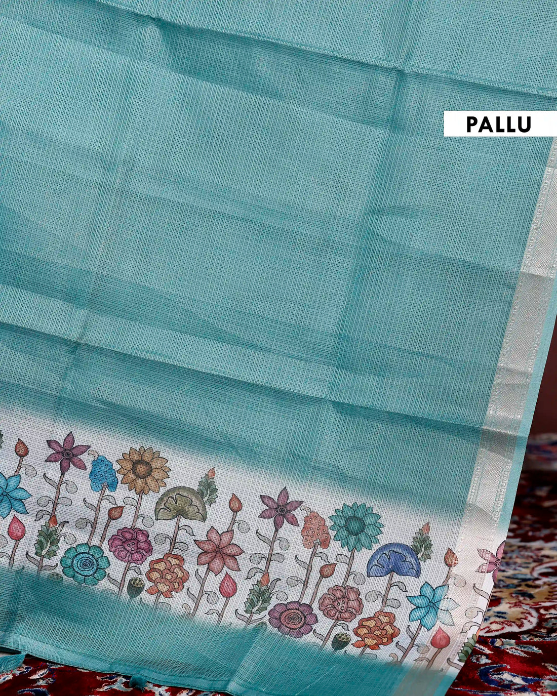 Hand-Painted Floral Kota Cotton Saree with Zari Border - Green