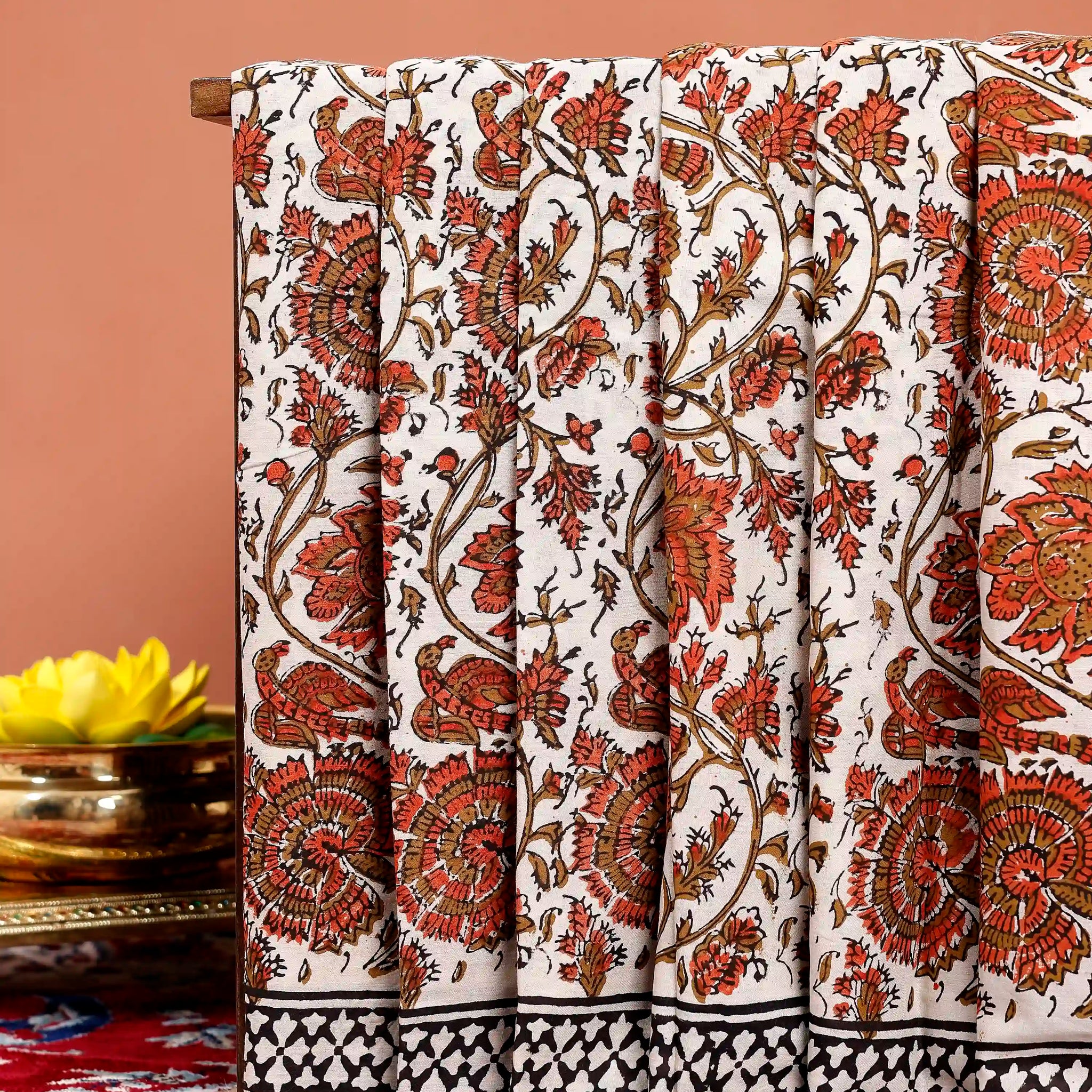 Elegant Mul Mul Cotton Saree with Traditional Floral & Bird Print - Off White