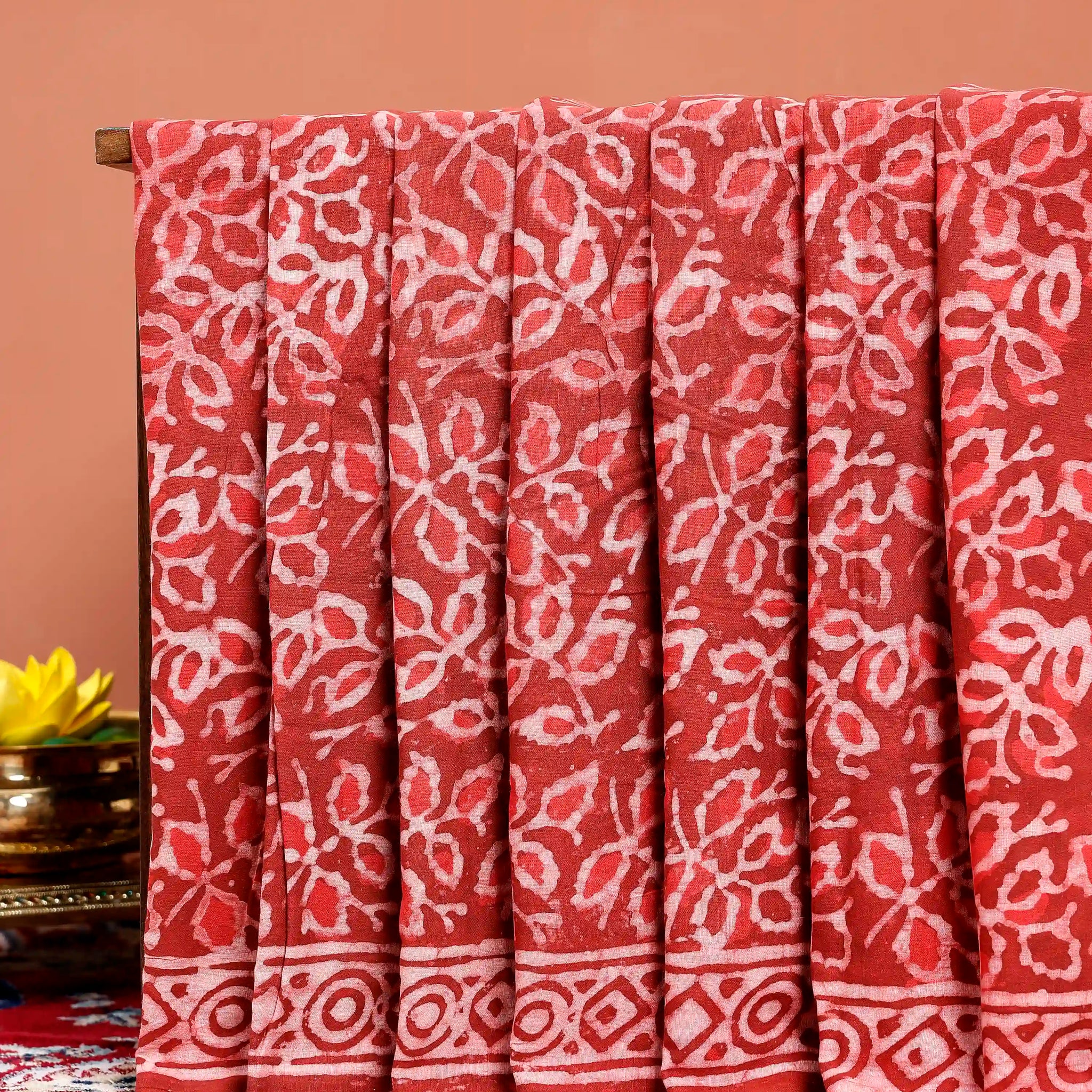 Handblock Printed Mul Mul Cotton Saree with Floral Motifs and Geometric Border - Red
