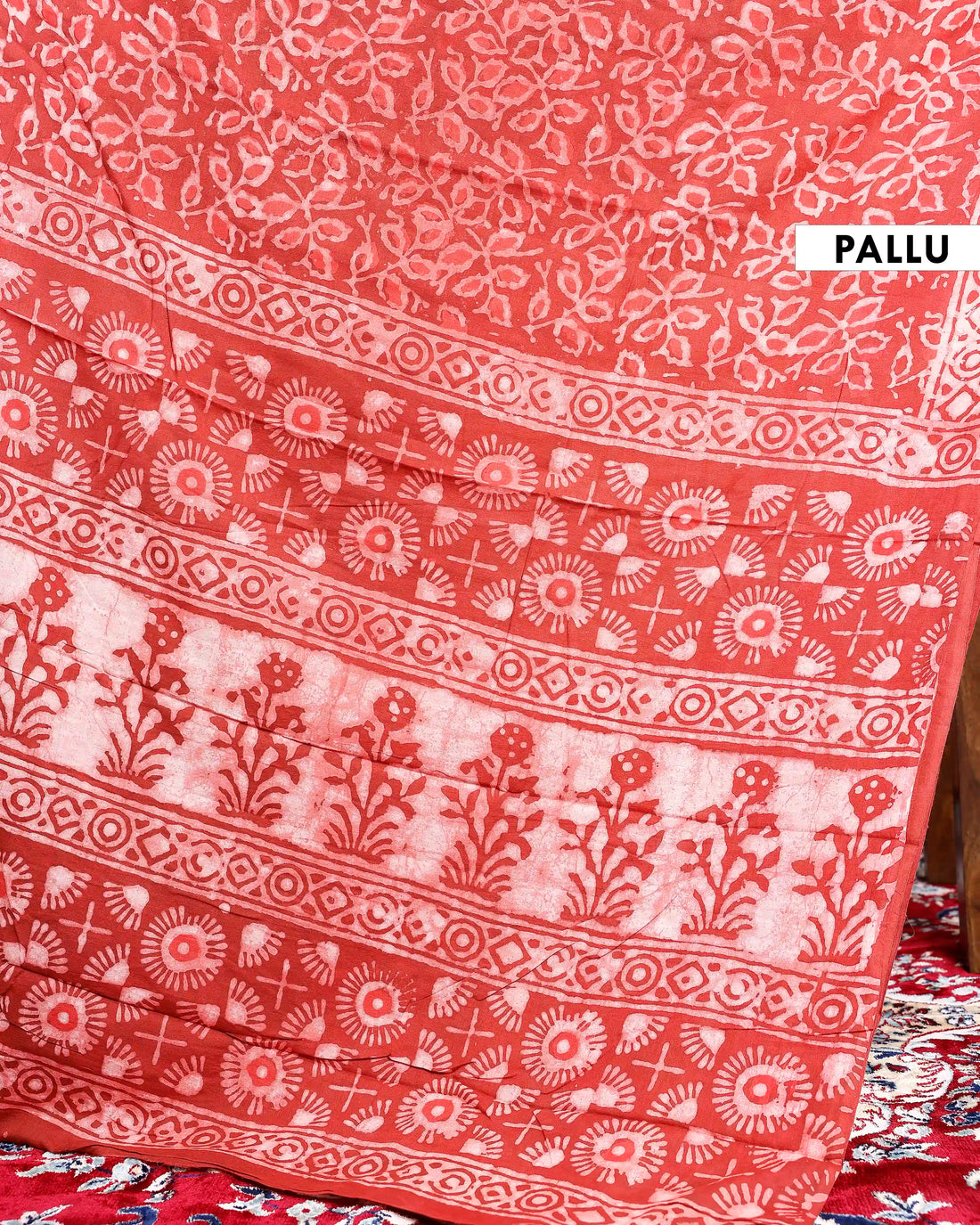 Handblock Printed Mul Mul Cotton Saree with Floral Motifs and Geometric Border - Red