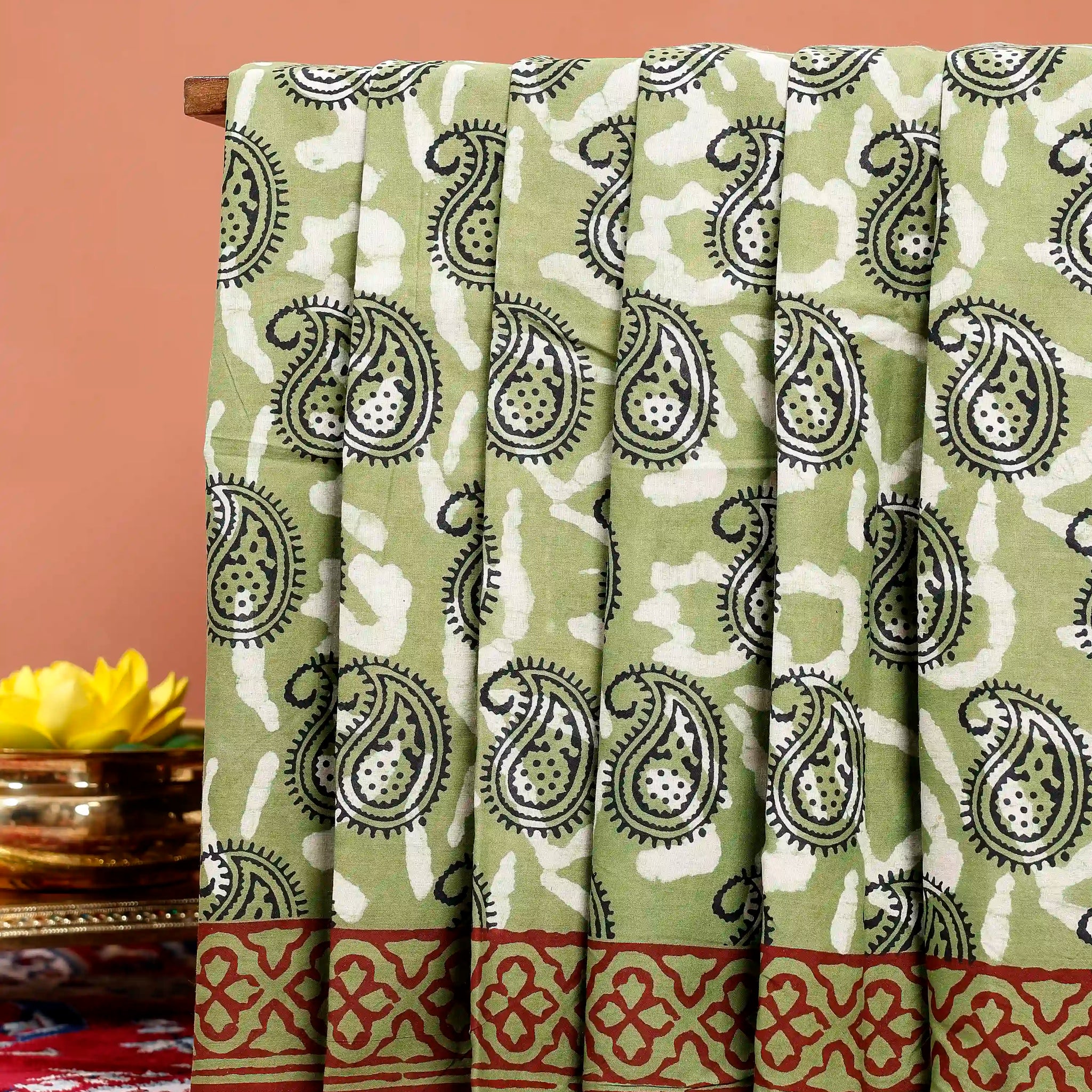 Hand Block Printed Mul Mul Cotton Saree with Paisley Motifs and Geometric Border - Green