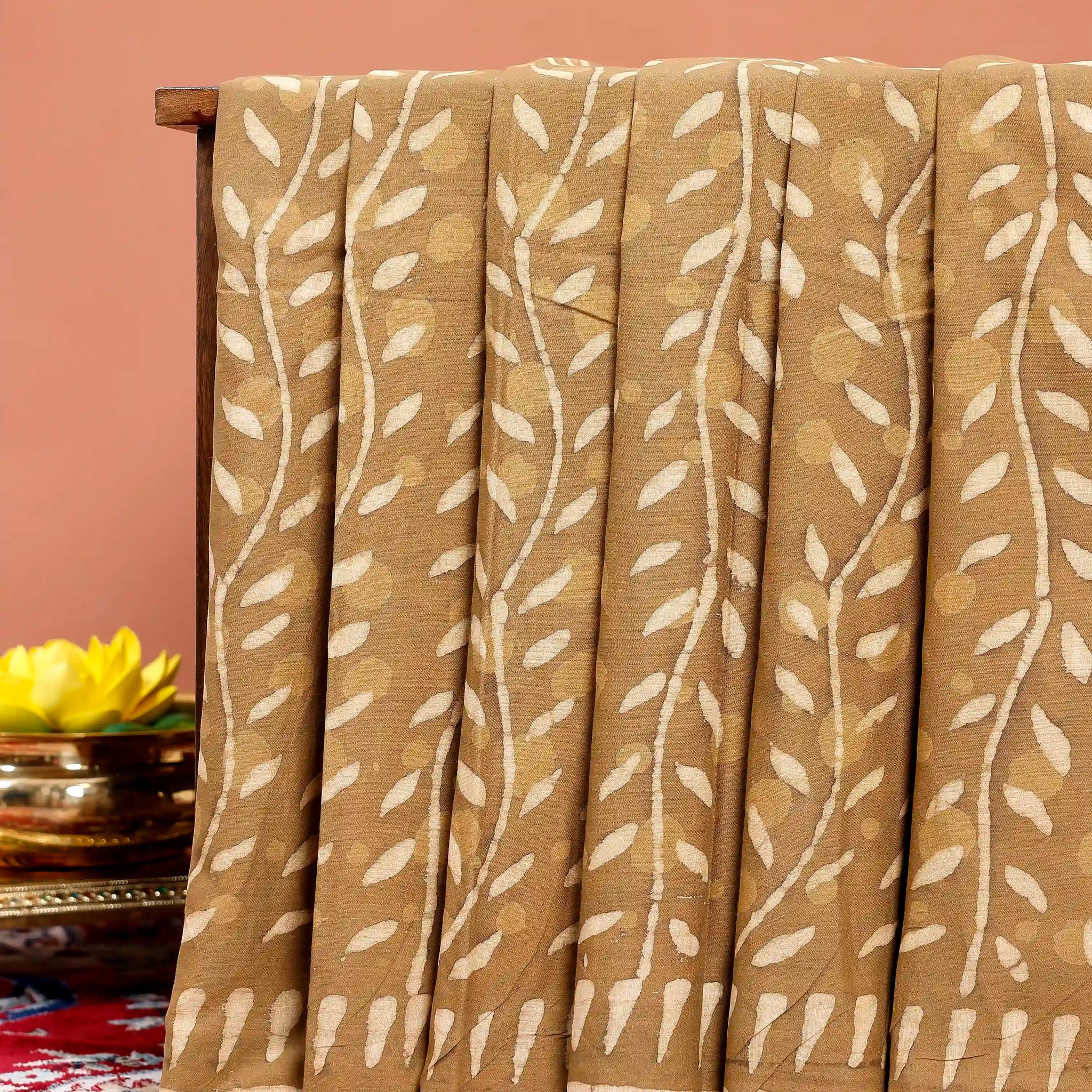 Hand Block Printed Mul Mul Cotton Saree with Leaf Motif - Brown
