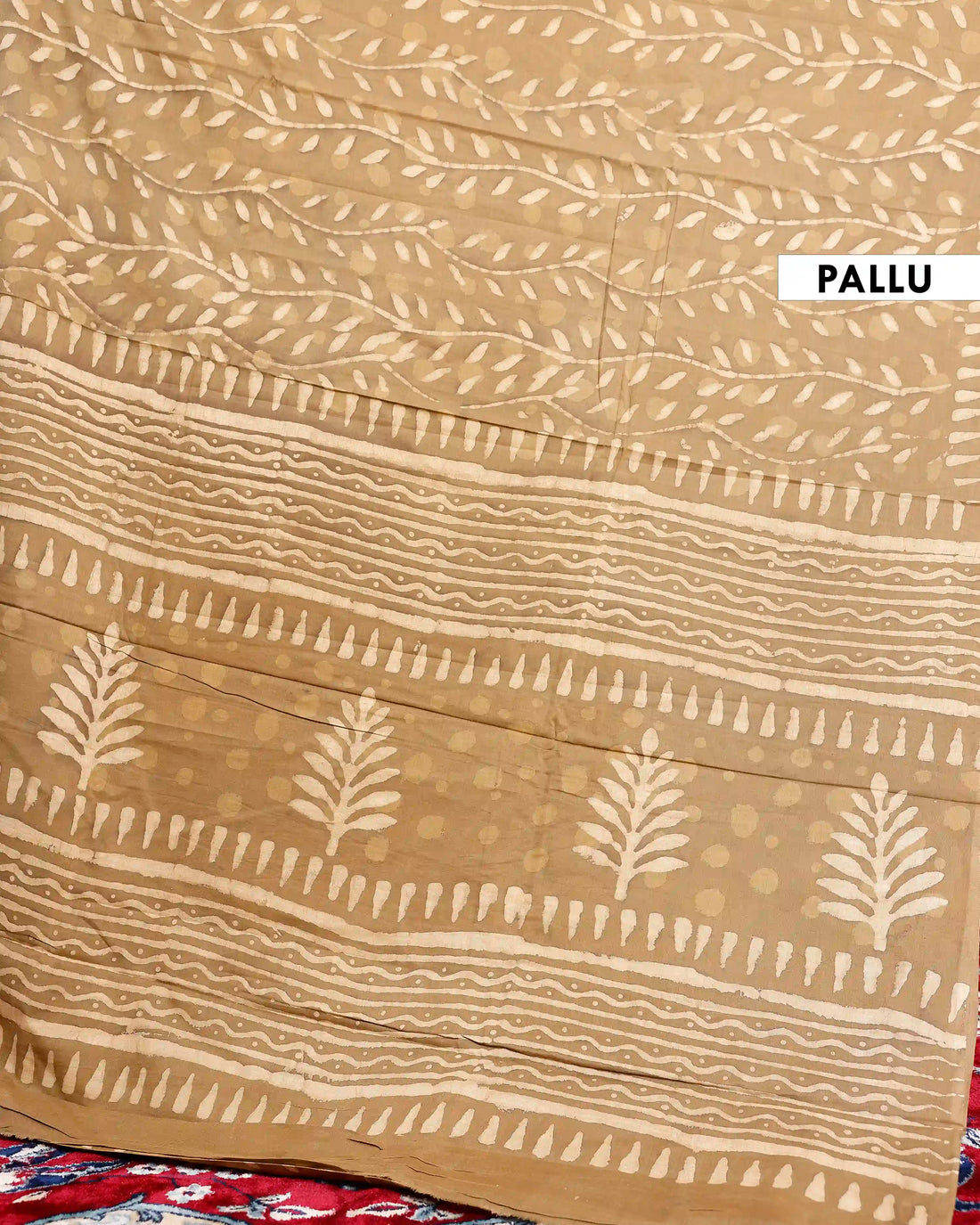 Hand Block Printed Mul Mul Cotton Saree with Leaf Motif - Brown