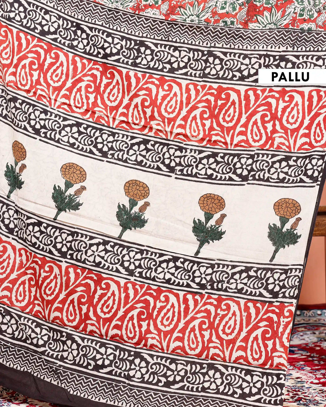 Hand-Printed Floral Mulmul Cotton Saree with Chevron Border - Red