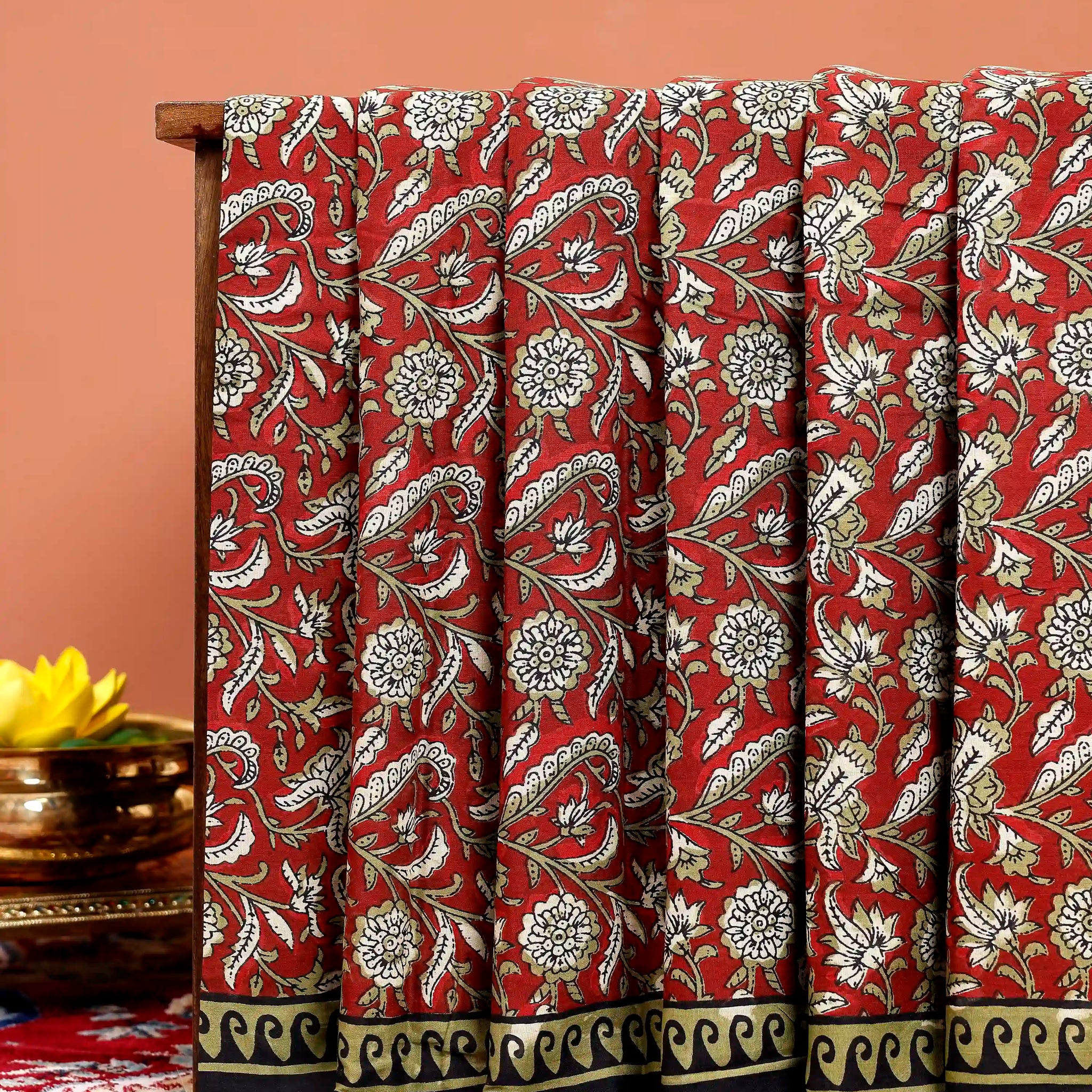 Handcrafted Mul Mul Cotton Saree with Elegant Floral Print & Contrast Border - Red