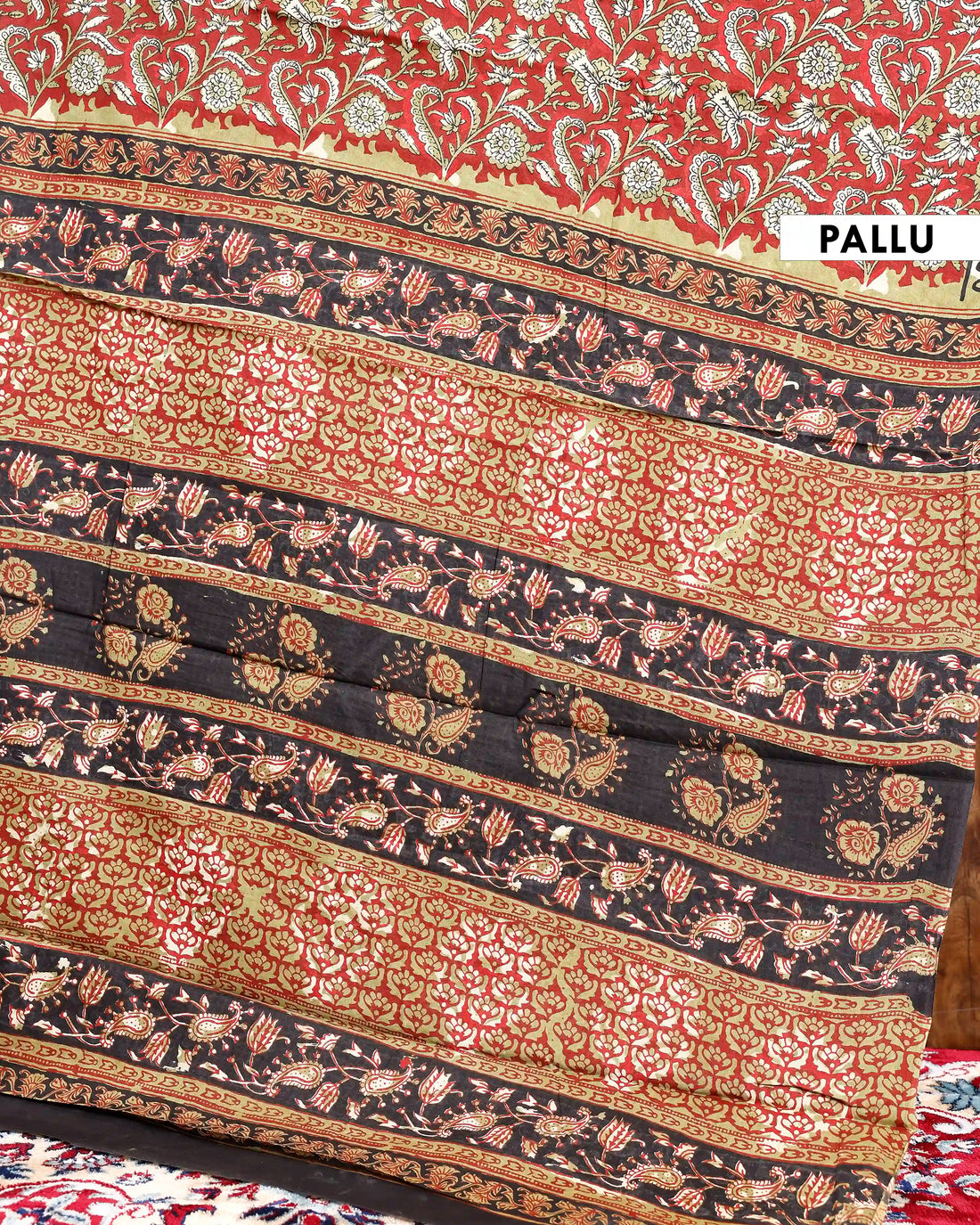 Handcrafted Mul Mul Cotton Saree with Elegant Floral Print & Contrast Border - Red