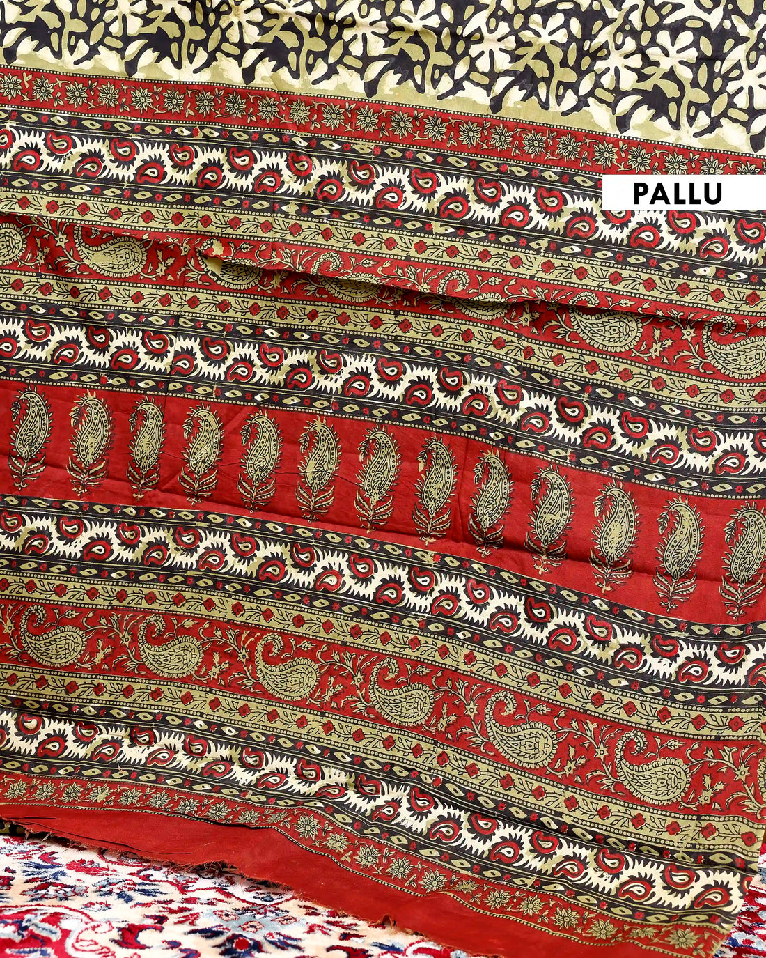Mulmul Cotton Saree with Hand Block Printed Leaf Motif and Border  - Black