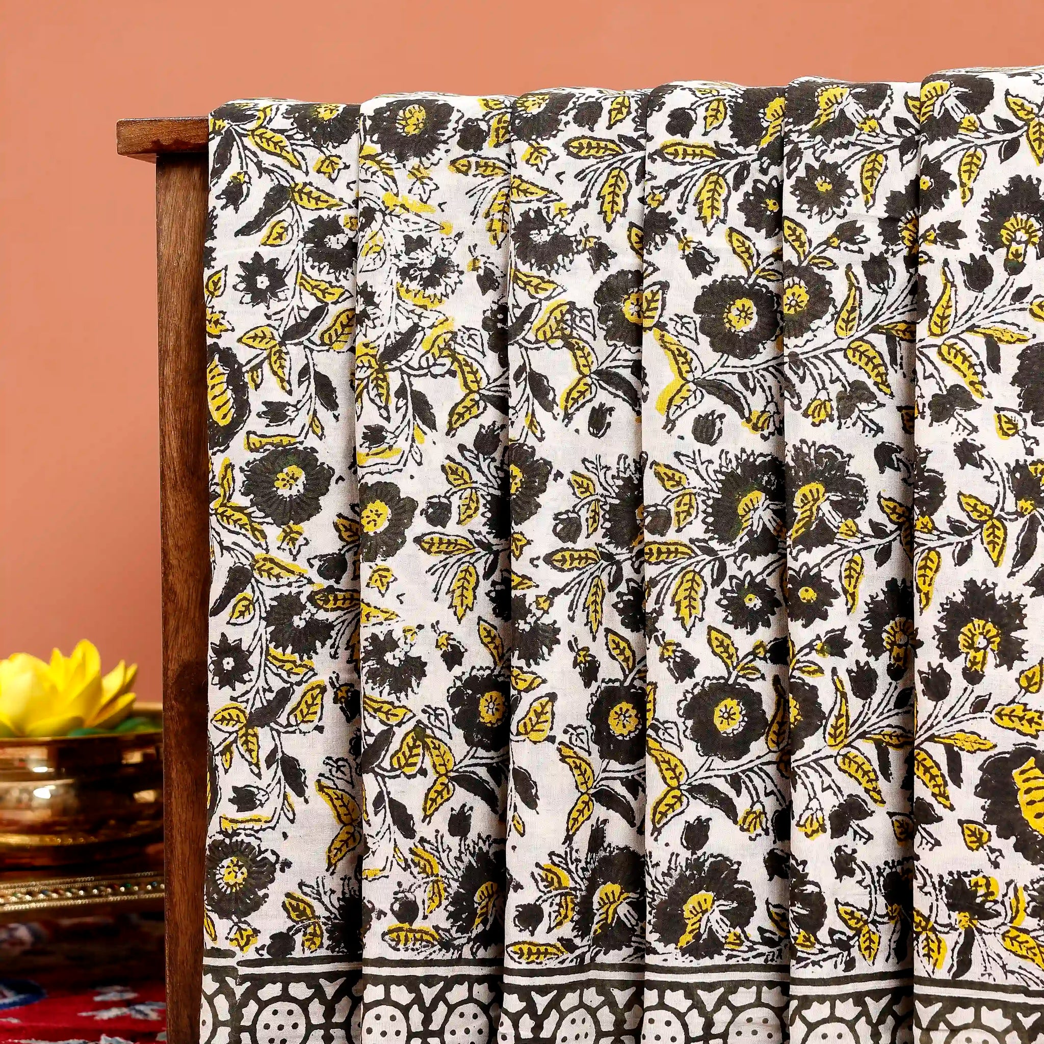 Hand Block Printed Floral Mulmul Cotton Saree with Traditional Border Design  - White