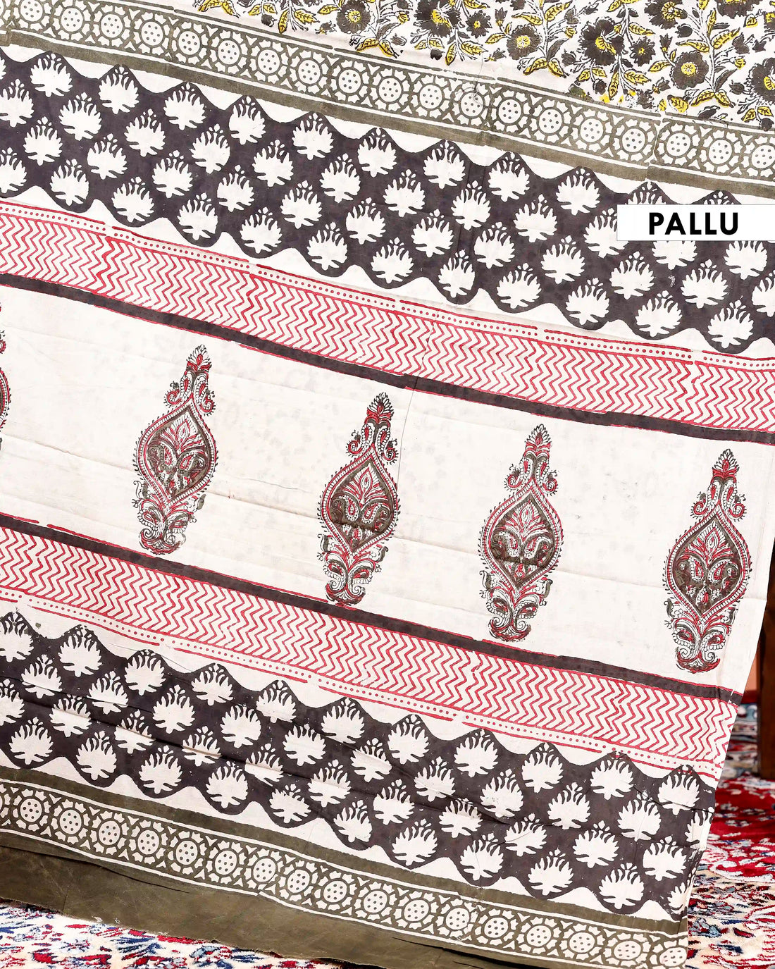 Hand Block Printed Floral Mulmul Cotton Saree with Traditional Border Design  - White
