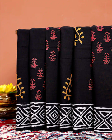 Mul Mul Cotton Saree with Hand Block Print Motifs & Geometric Border  - Black