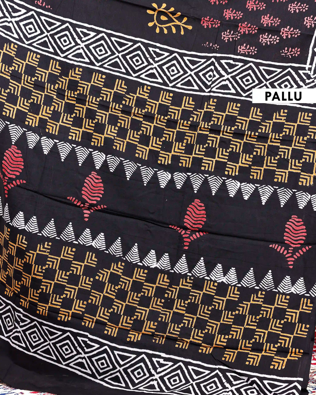Mul Mul Cotton Saree with Hand Block Print Motifs & Geometric Border  - Black