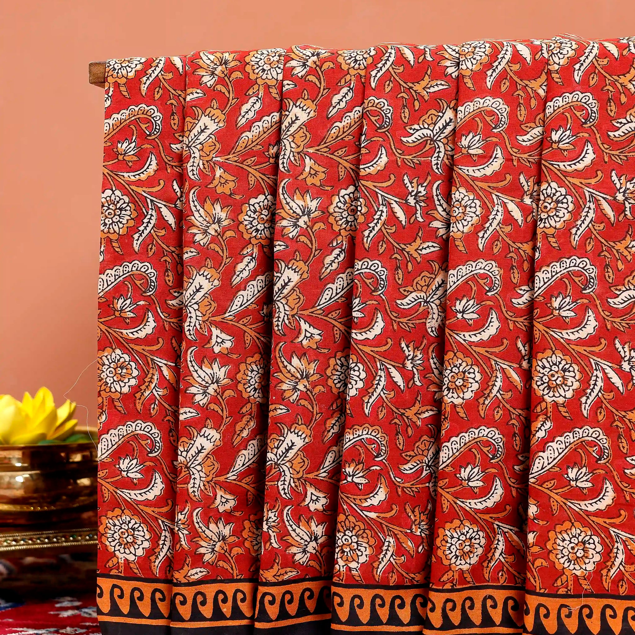 Hand Block Printed Mul Mul Cotton Saree with Floral Motifs & Border  - Red