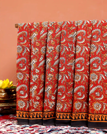 Hand Block Printed Mul Mul Cotton Saree with Floral Motifs & Border  - Red
