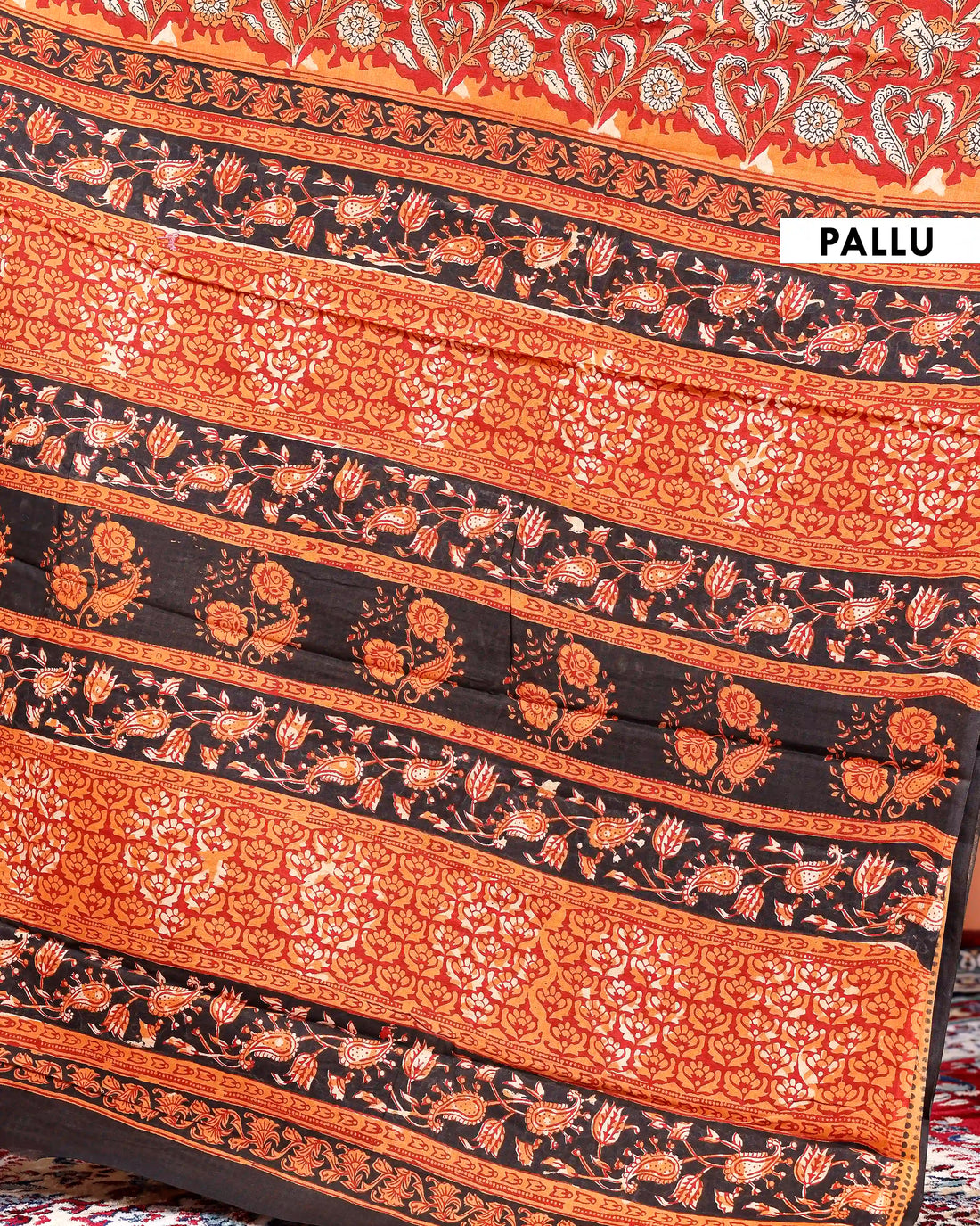 Hand Block Printed Mul Mul Cotton Saree with Floral Motifs & Border  - Red