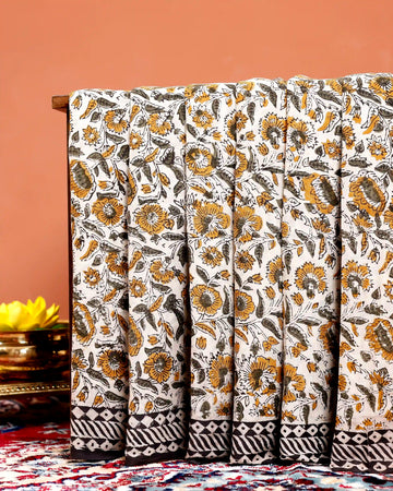 Hand Block Printed Floral Motif Mulmul Cotton Saree with Geometric Border  - White