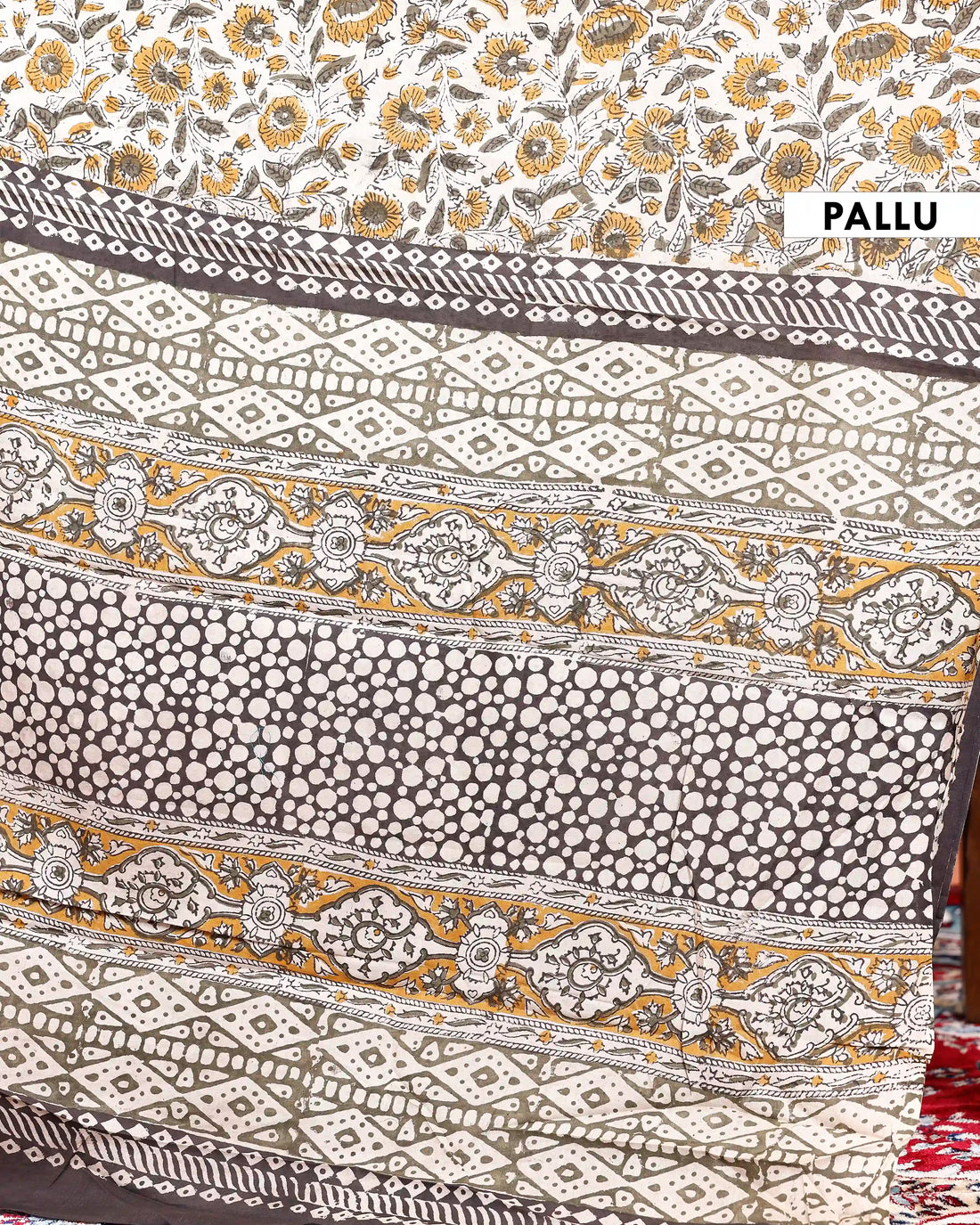 Hand Block Printed Floral Motif Mulmul Cotton Saree with Geometric Border  - White