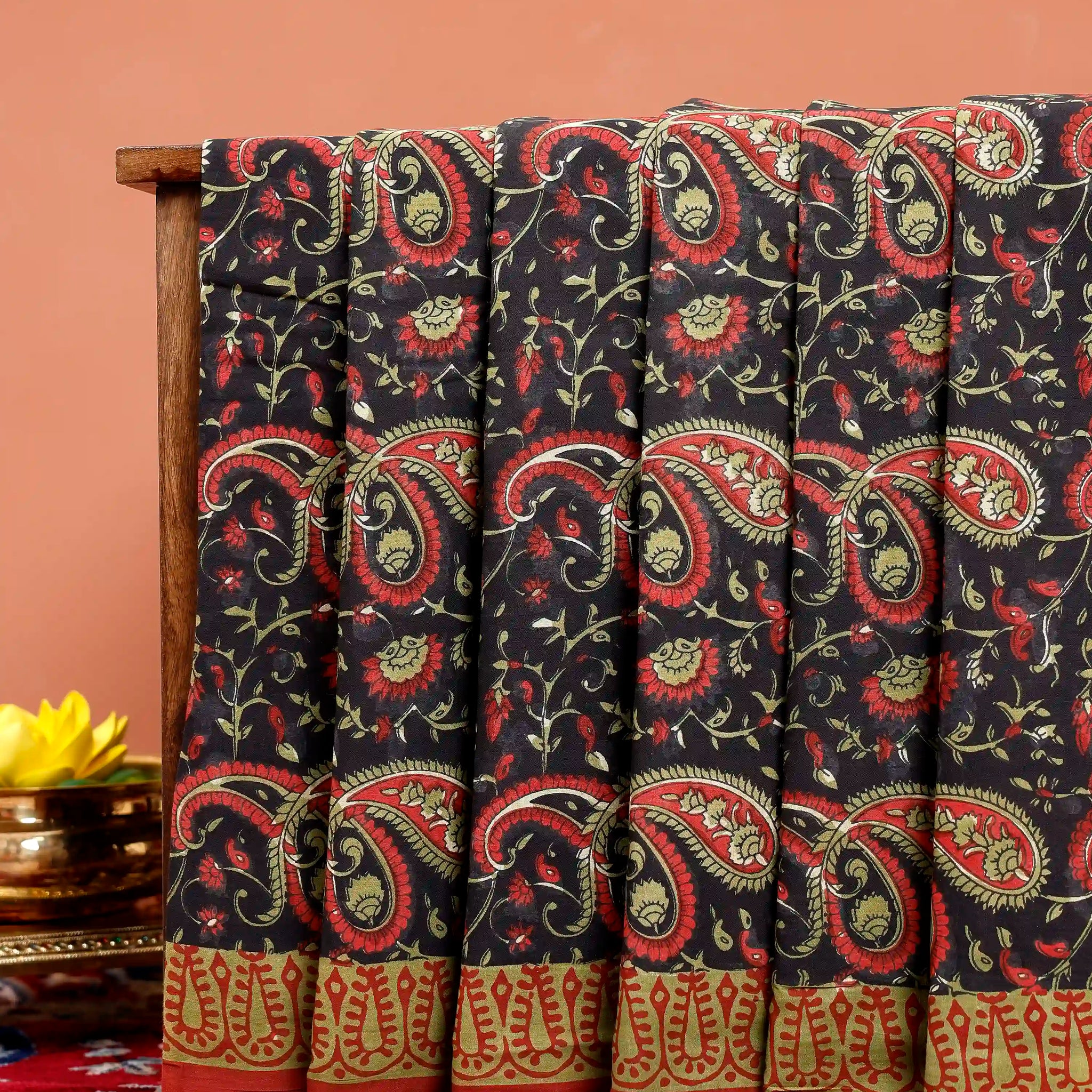 Hand Block Printed Paisley & Floral Mul Mul Cotton Saree  - Black