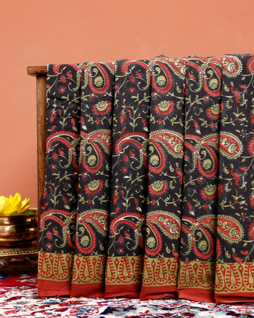 Hand Block Printed Paisley & Floral Mul Mul Cotton Saree  - Black