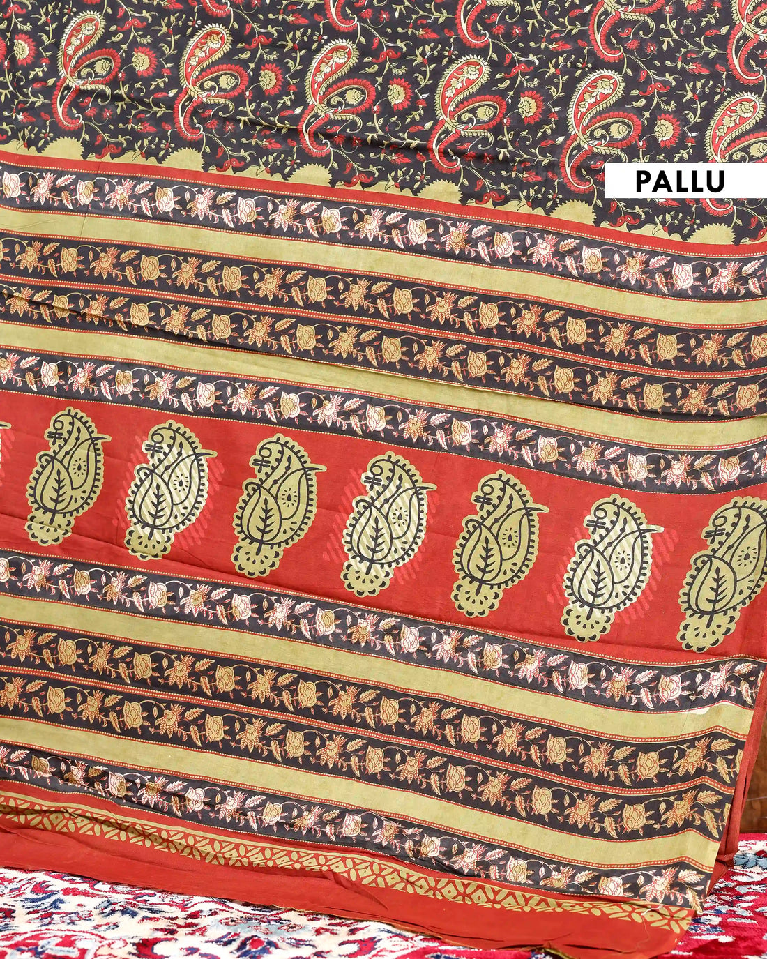 Hand Block Printed Paisley & Floral Mul Mul Cotton Saree  - Black