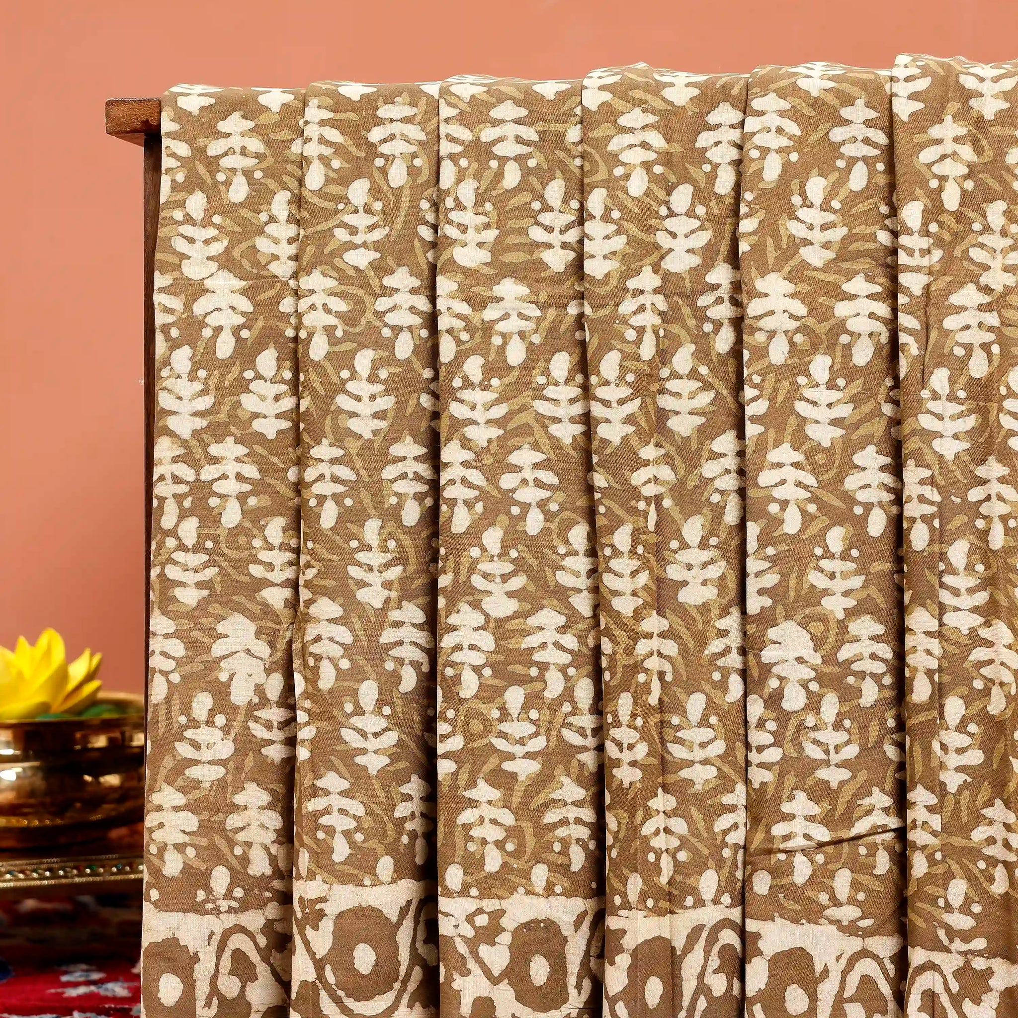 Hand Block Printed Mulmul Cotton Saree with Traditional Leaf Motifs and Border  - Brown
