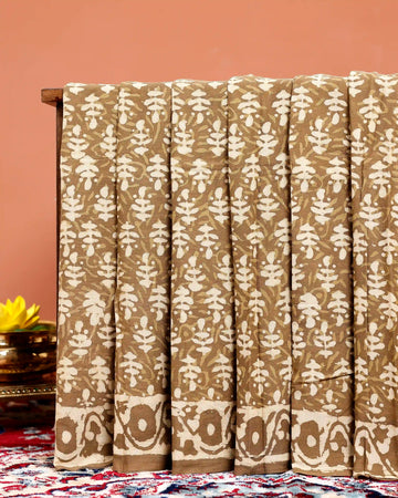 Hand Block Printed Mulmul Cotton Saree with Traditional Leaf Motifs and Border  - Brown