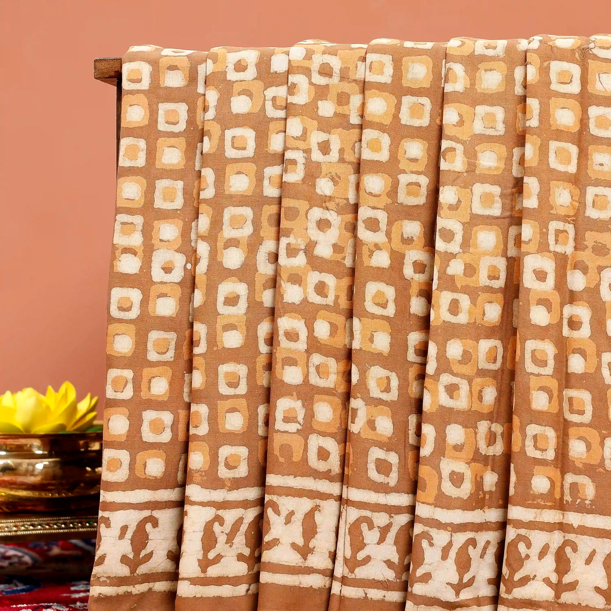 Hand Block Printed Mul Mul Cotton Saree with Geometric & Border Motifs - Brown