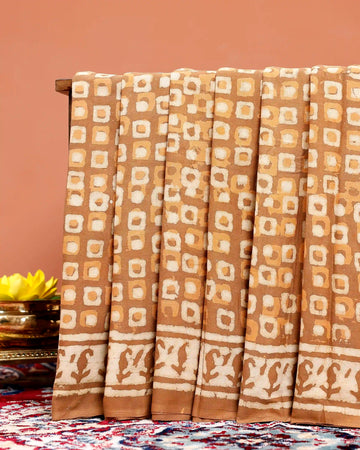 Hand Block Printed Mul Mul Cotton Saree with Geometric & Border Motifs - Brown