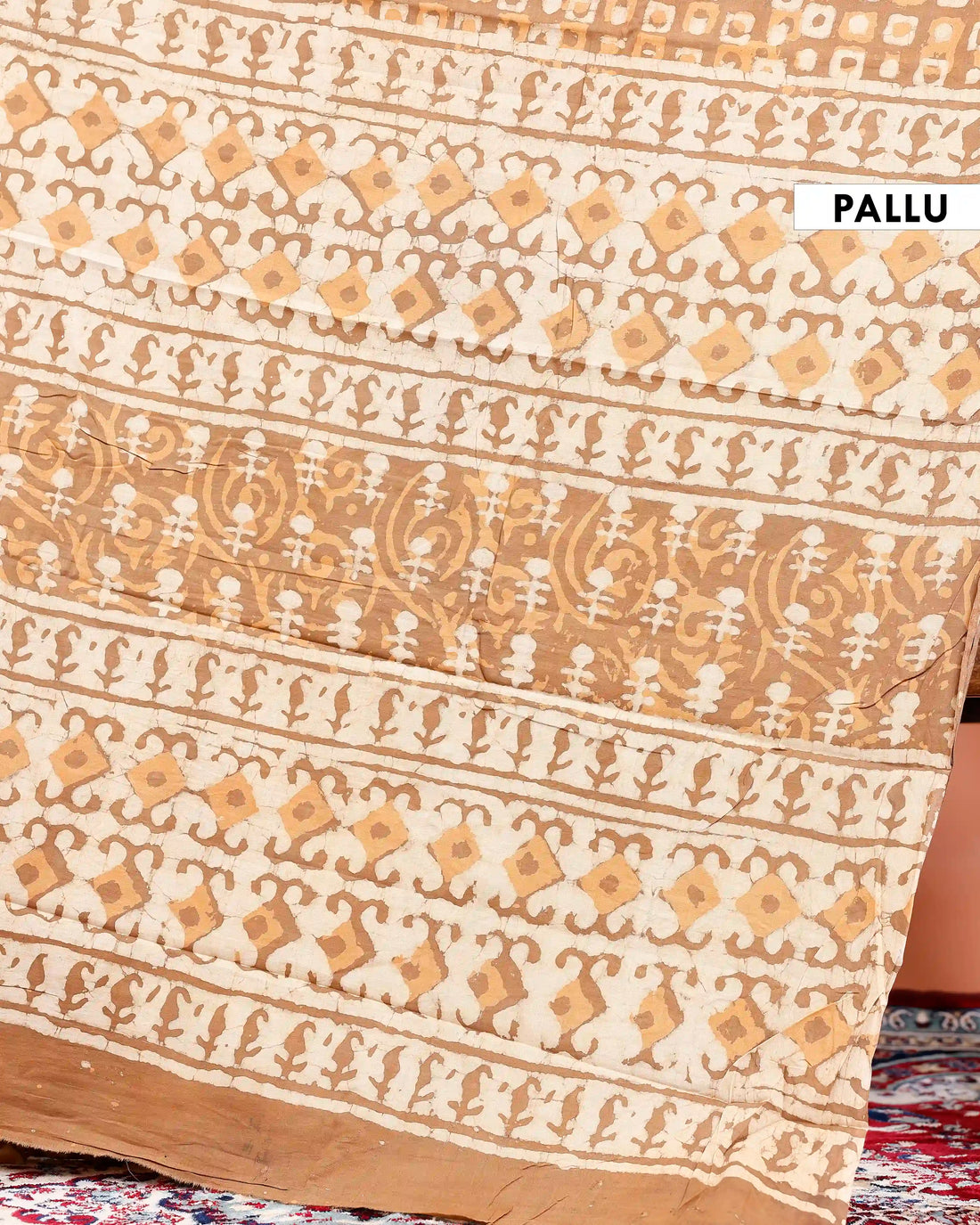 Hand Block Printed Mul Mul Cotton Saree with Geometric & Border Motifs - Brown