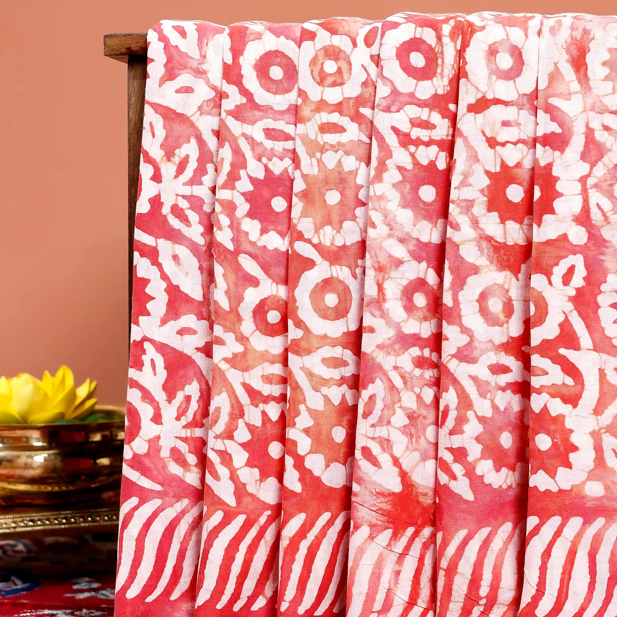 Hand-Printed Mulmul Cotton Saree with Traditional Motifs  - Dark Orange
