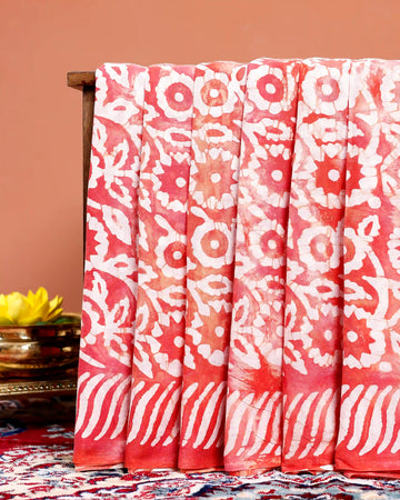 Hand-Printed Mulmul Cotton Saree with Traditional Motifs  - Dark Orange