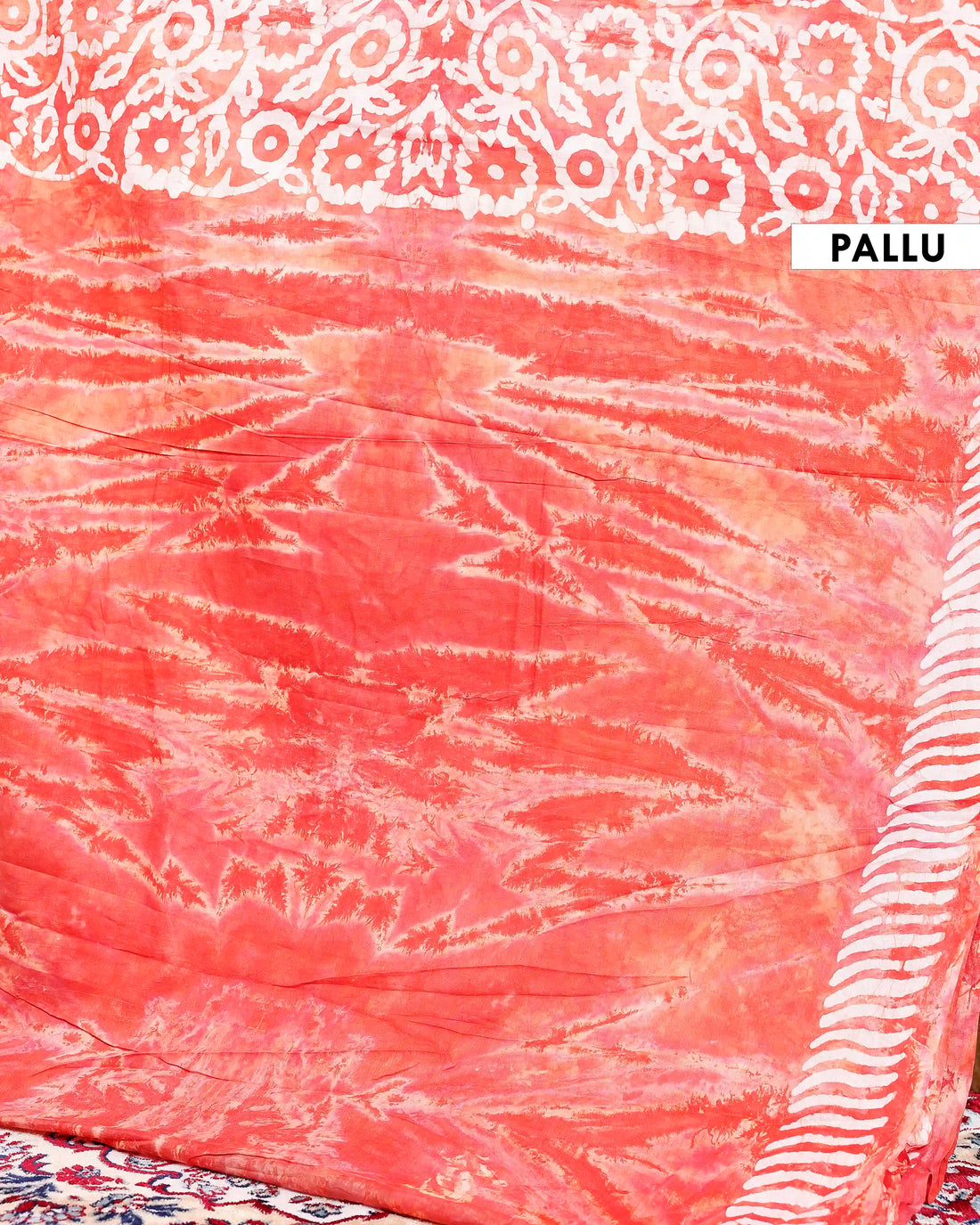 Hand-Printed Mulmul Cotton Saree with Traditional Motifs  - Dark Orange