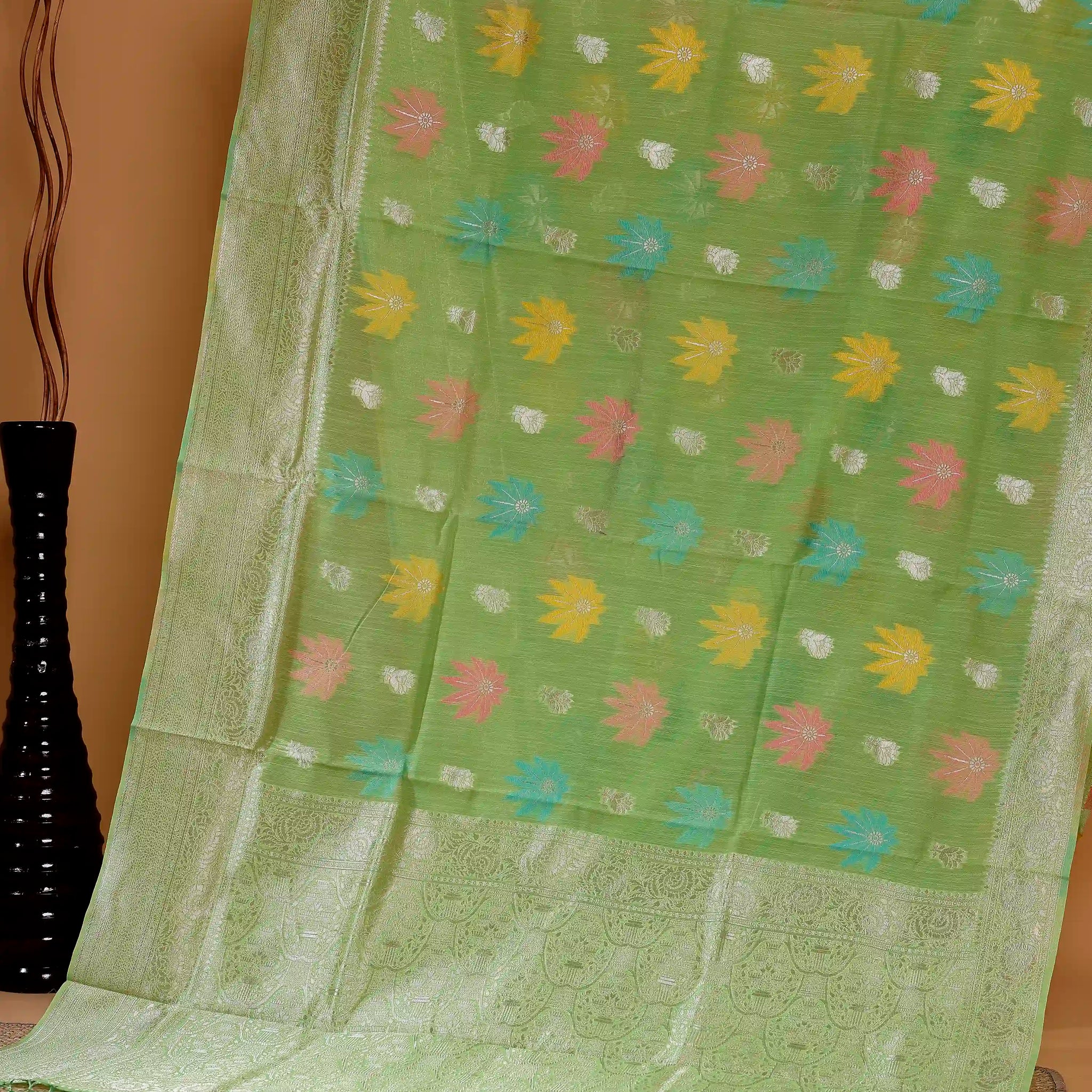 Rainbow Cotton Saree with Intricate Floral Butta Design and Rich Woven Border - Green