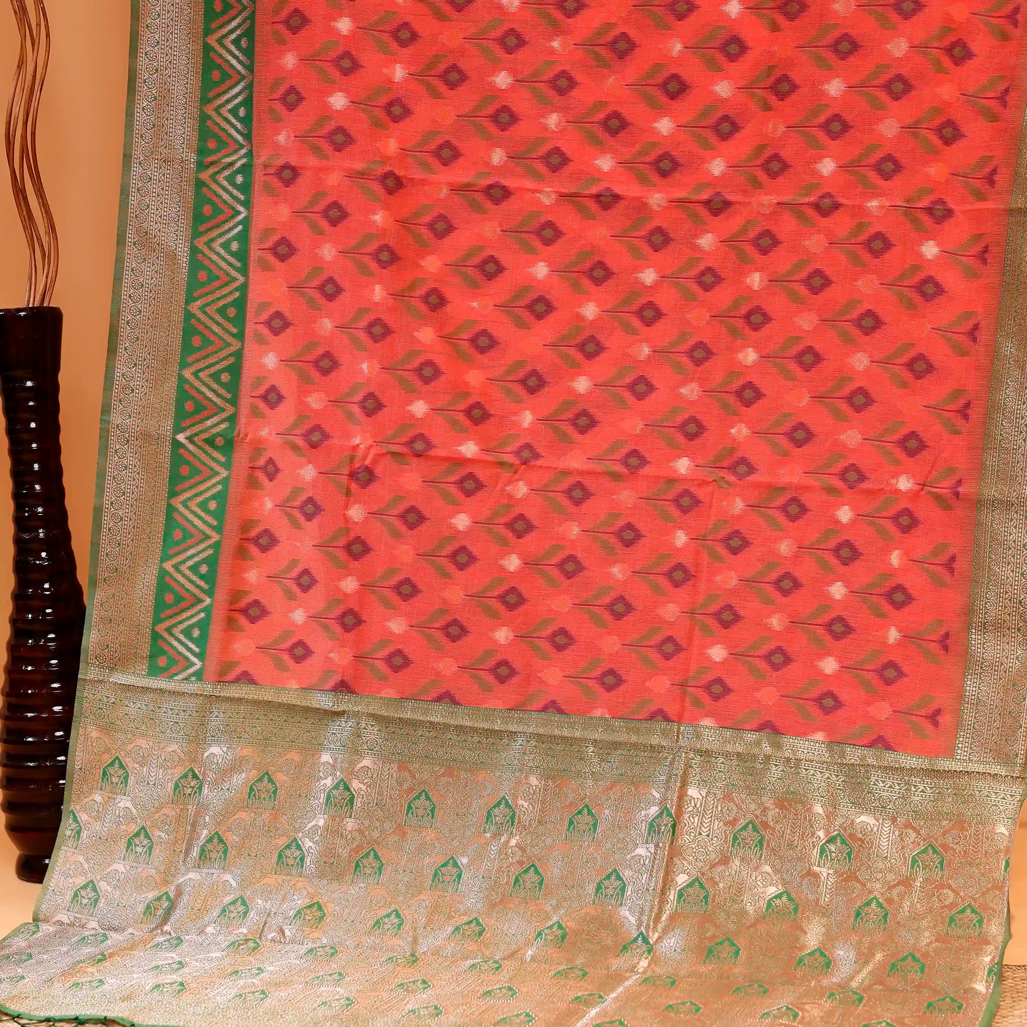 Rainbow Cotton Saree with Geometric Pattern and Contrast Woven Border - Orange