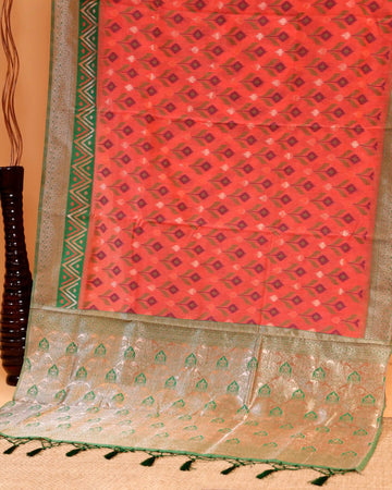 Rainbow Cotton Saree with Geometric Pattern and Contrast Woven Border - Orange