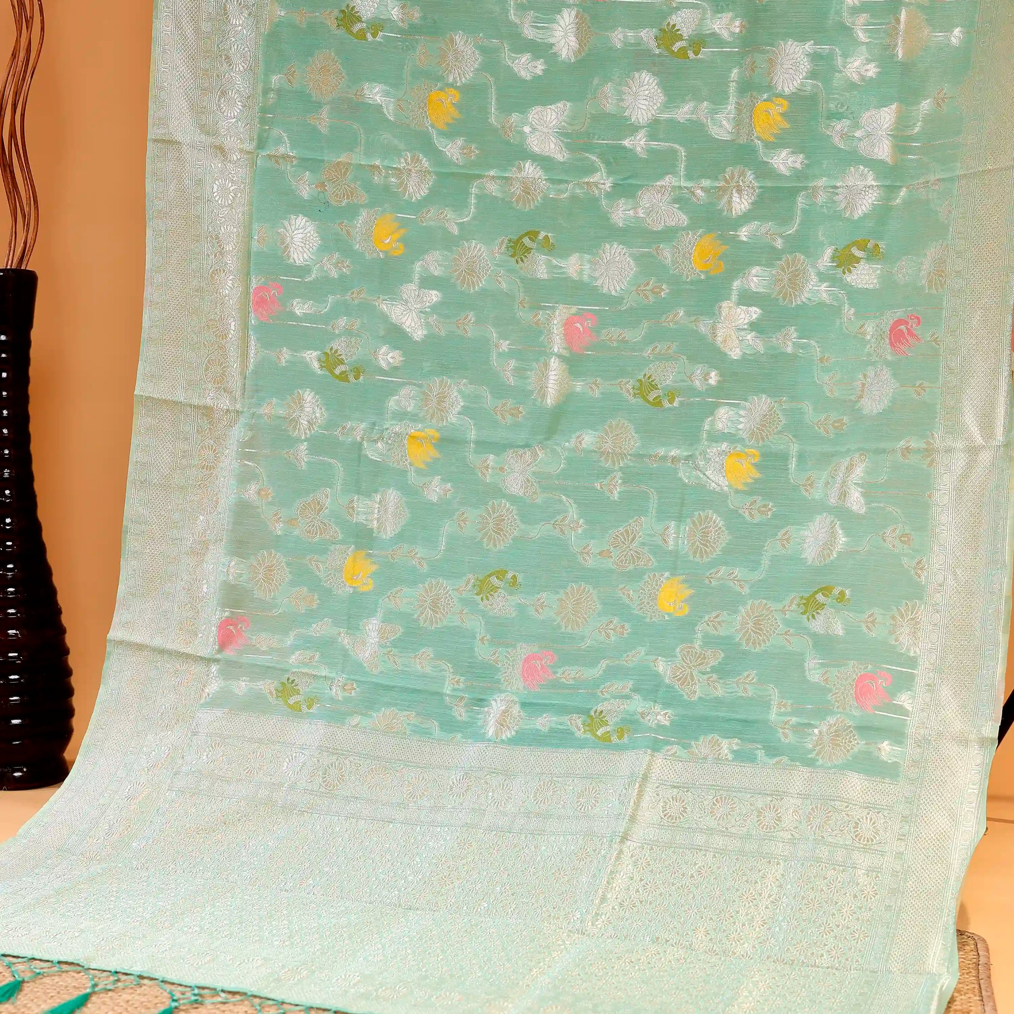 Handwoven Rainbow Cotton Saree with Floral Motifs and Intricate Woven Border - Green