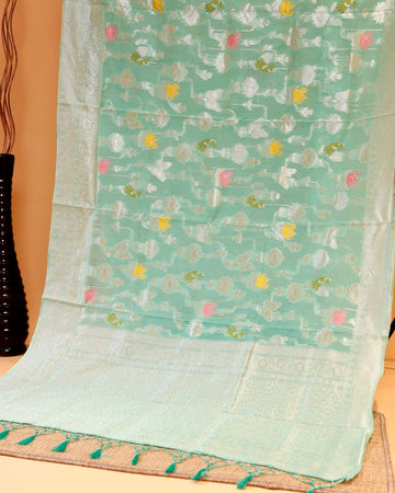 Handwoven Rainbow Cotton Saree with Floral Motifs and Intricate Woven Border - Green