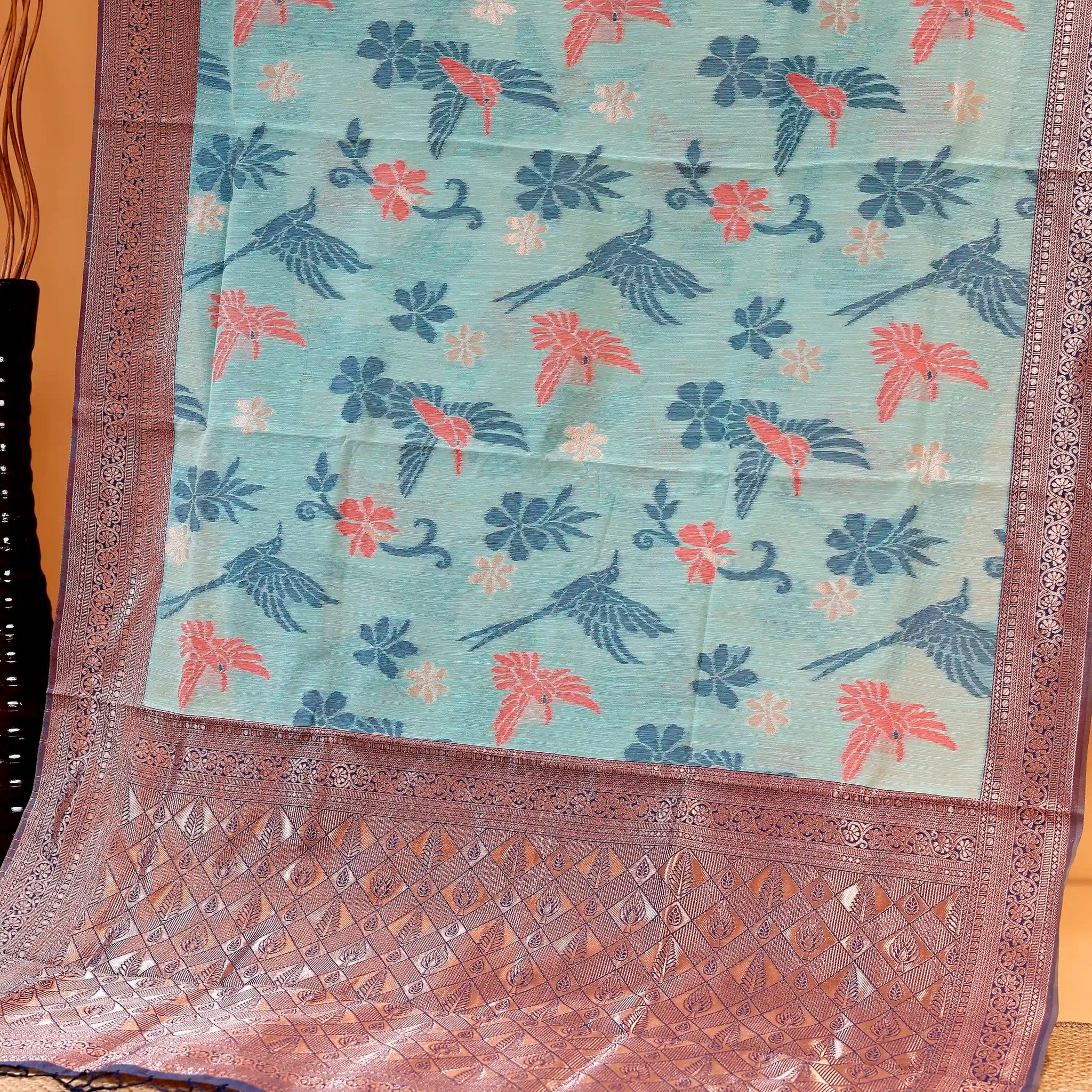 Handloom Rainbow Cotton Saree with Bird and Floral Motifs and Intricate Woven Border - Blue