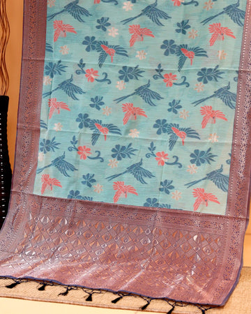 Handloom Rainbow Cotton Saree with Bird and Floral Motifs and Intricate Woven Border - Blue