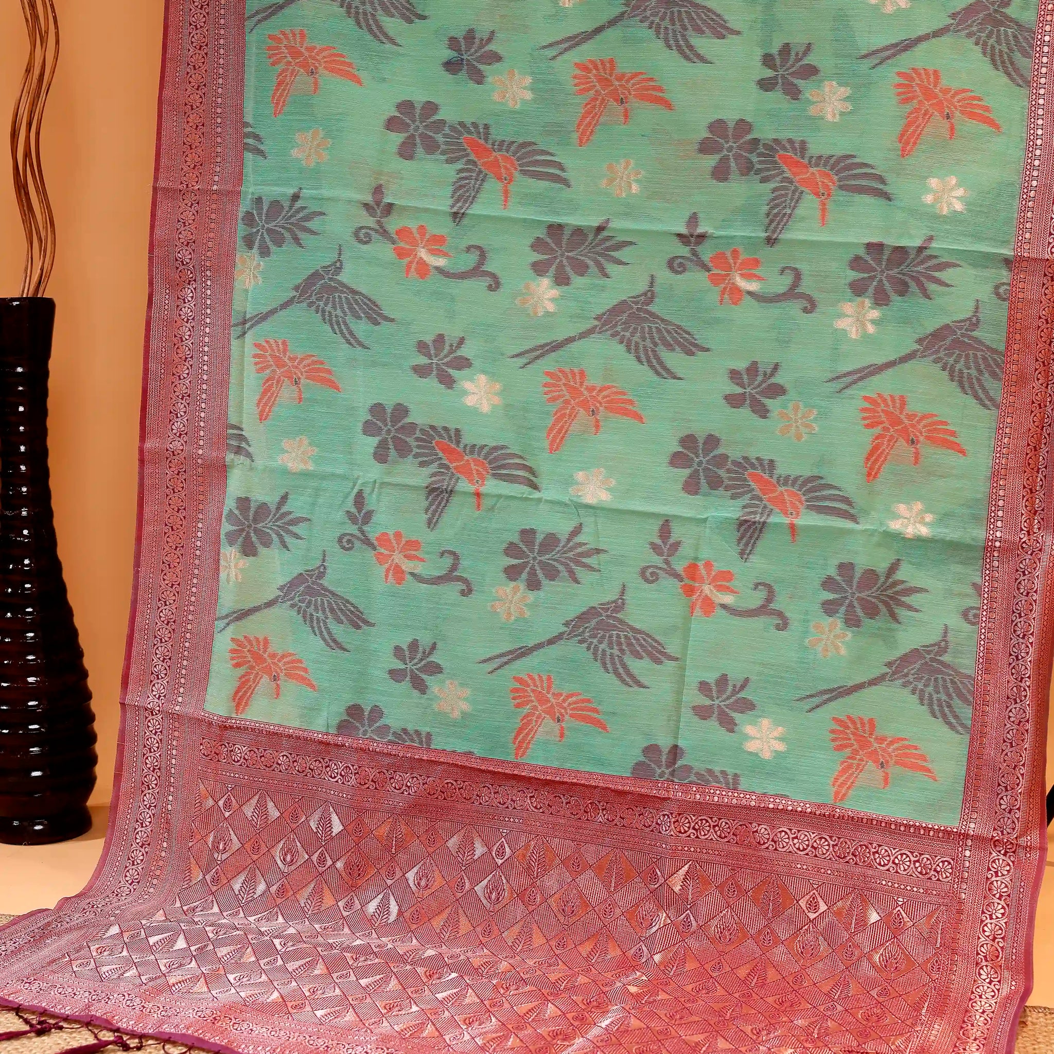 Handloom Rainbow Cotton Saree with Bird and Floral Motifs and Intricate Woven Border - Green