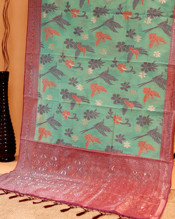Handloom Rainbow Cotton Saree with Bird and Floral Motifs and Intricate Woven Border - Green