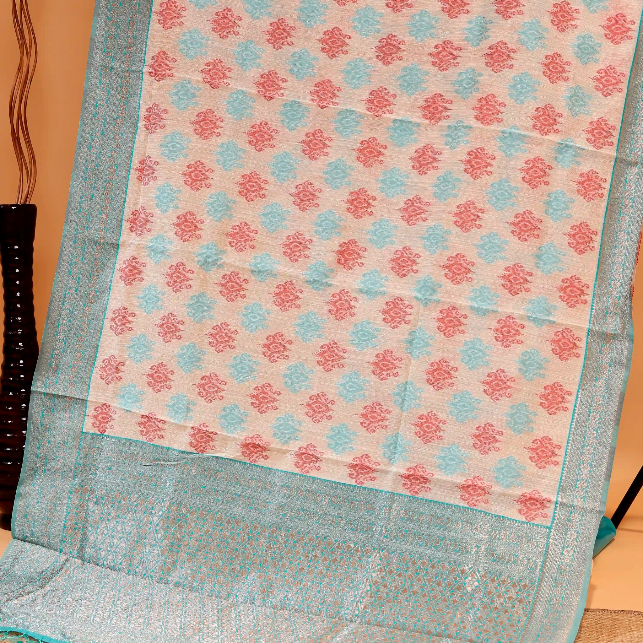 Handwoven Rainbow Cotton Saree with Allover Traditional Butta Design and Rich Woven Border - Cream