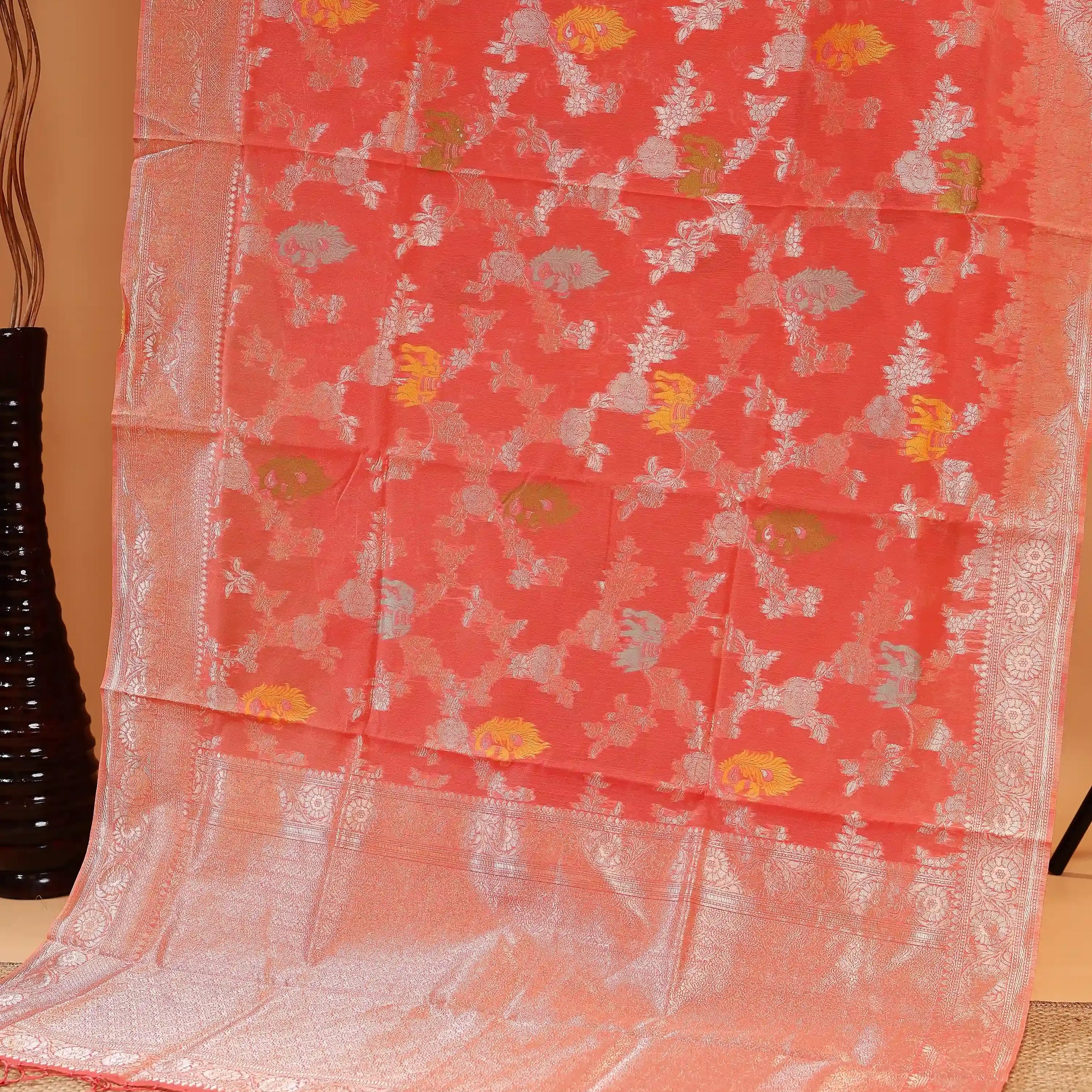 Handwoven Rainbow Cotton Saree with Floral Weaving and Rich Decorative Border - Red