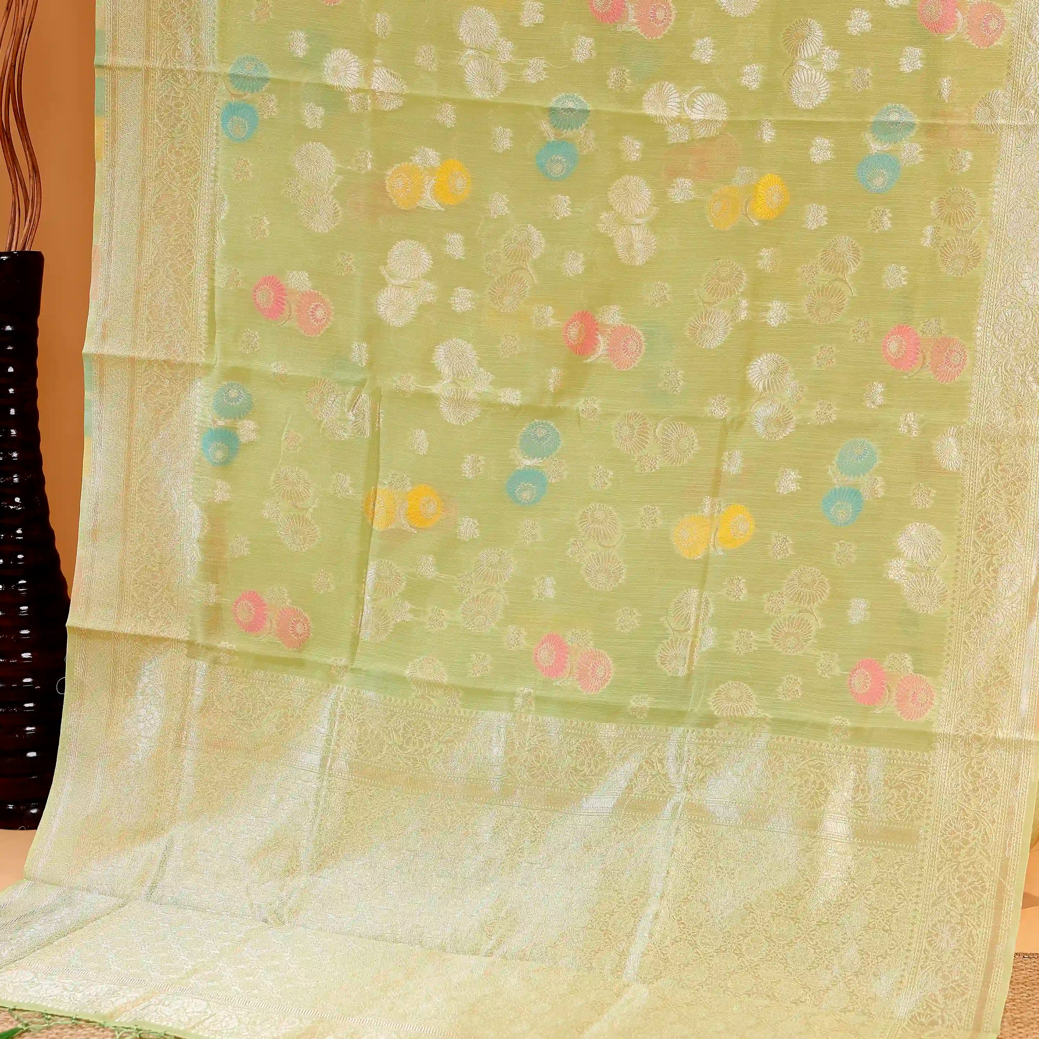 Handloom Rainbow Cotton Saree with Circular Butta Motifs and Elegant Woven Border - Green