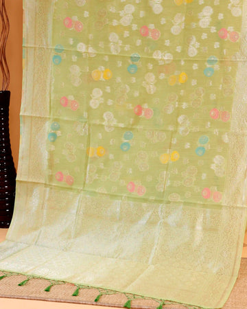 Handloom Rainbow Cotton Saree with Circular Butta Motifs and Elegant Woven Border - Green