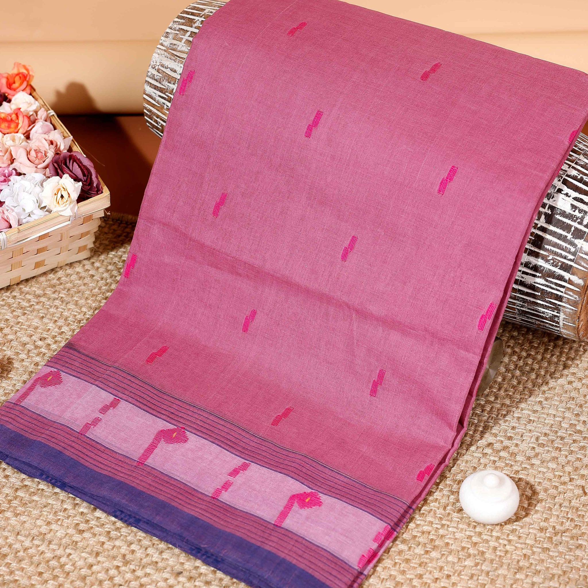 Handwoven Bengal Cotton Saree with Jamdani Inspired Motifs and Contrasting Border  - Pink