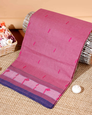Handwoven Bengal Cotton Saree with Jamdani Inspired Motifs and Contrasting Border  - Pink