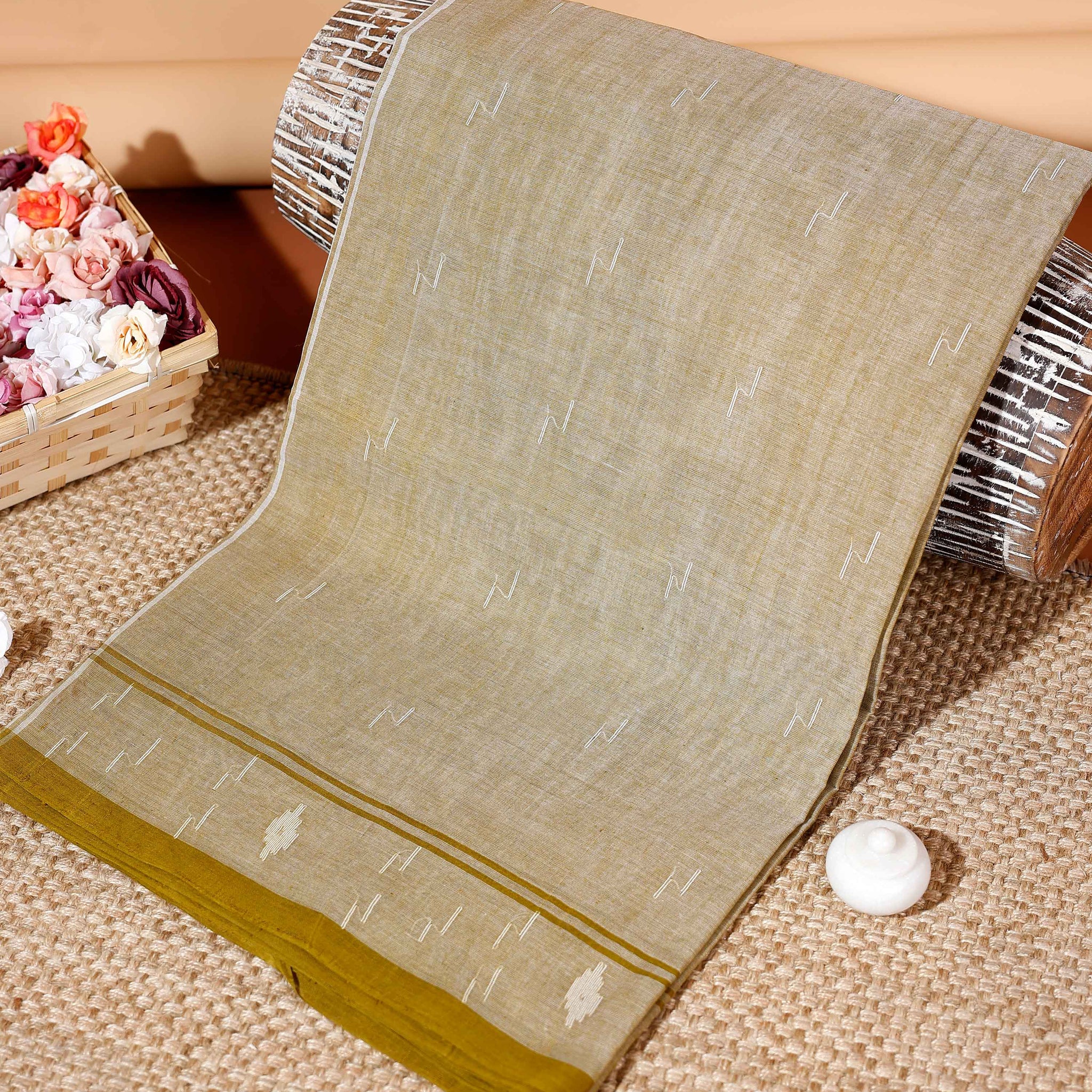 Handloom Bengal Cotton Saree with Woven Border & Subtle Texture  - Olive Green