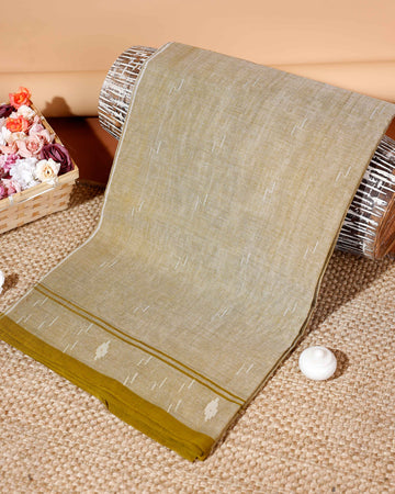 Handloom Bengal Cotton Saree with Woven Border & Subtle Texture  - Olive Green