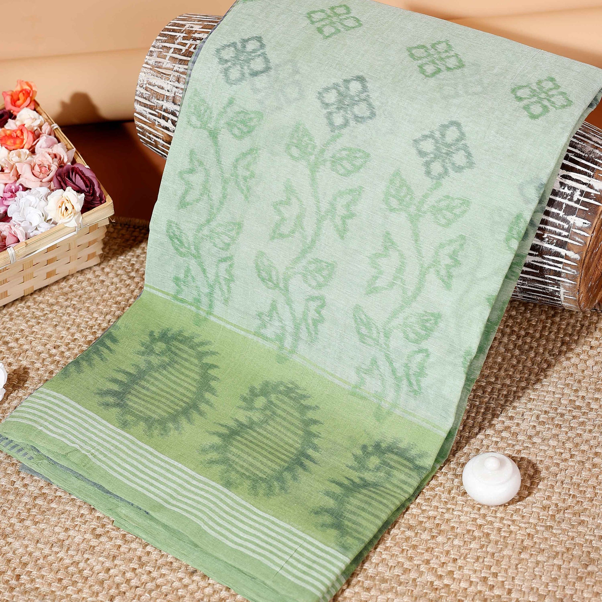 Handloom Bengal Cotton Saree with Woven Buta and Jamdani Border  - Green
